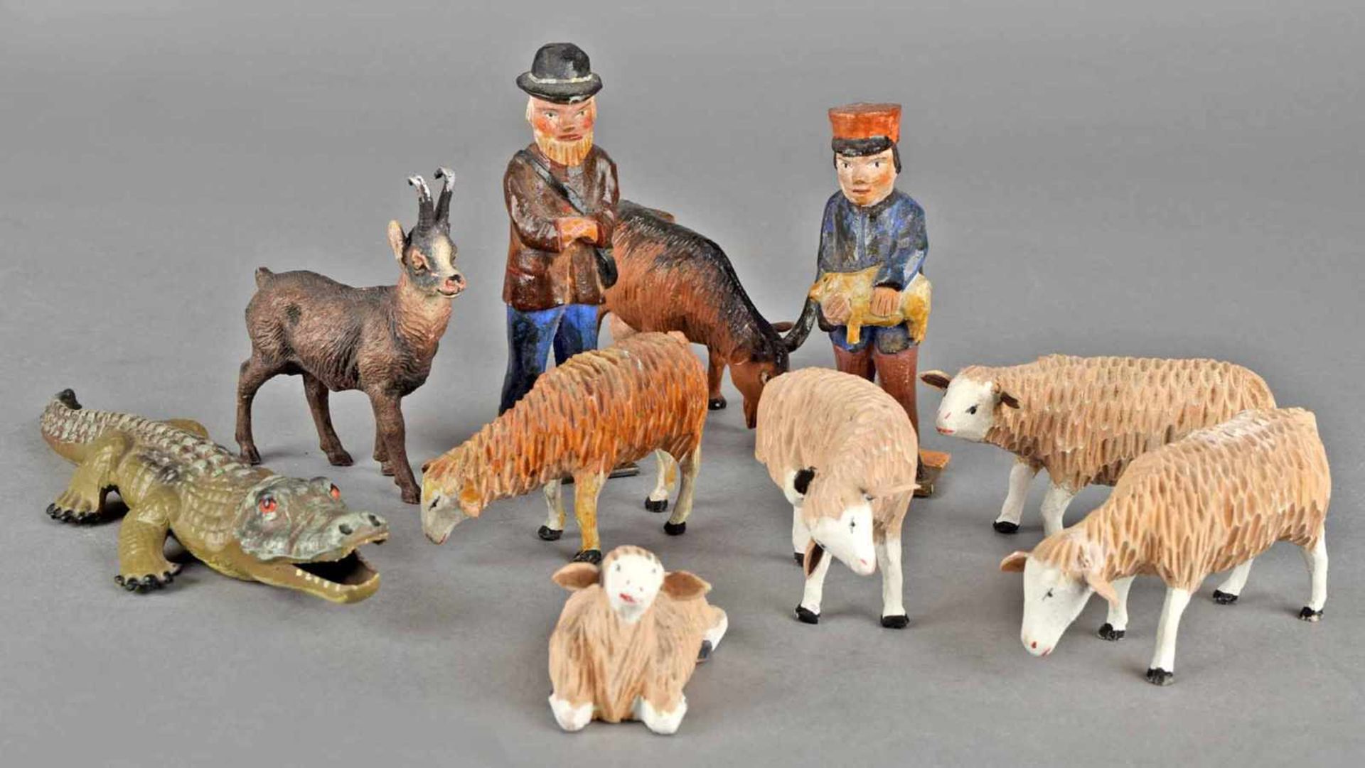 Konvolut Aufstellfiguren Holz, vollplastisch geschnitzt und farbig bemalt, Schafe und Ziege sowie - Bild 2 aus 3
