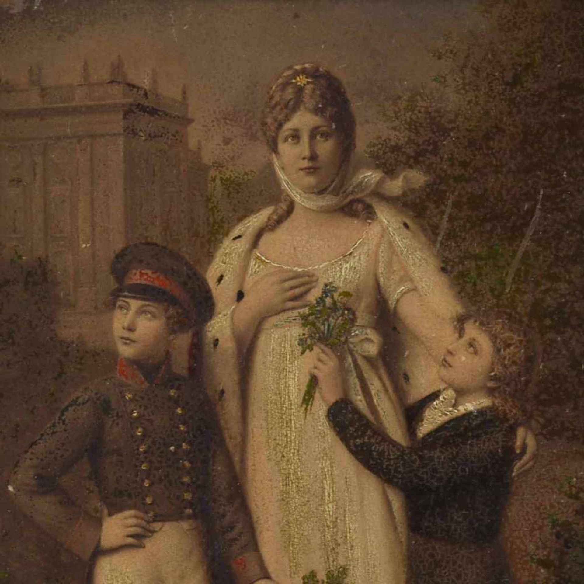 Porträtdarstellung farbig staffierter Druck, Königin Luise von Preußen mit ihren zwei Söhnen,