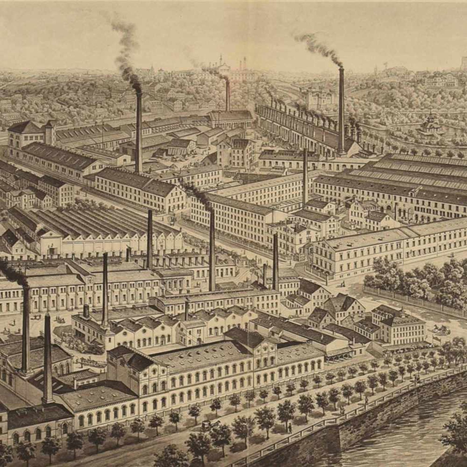 Chemnitzer Fabrikszenerie Heliogravüre, Blick aus der Vogelschau auf die "Sächsische Maschinenfabrik