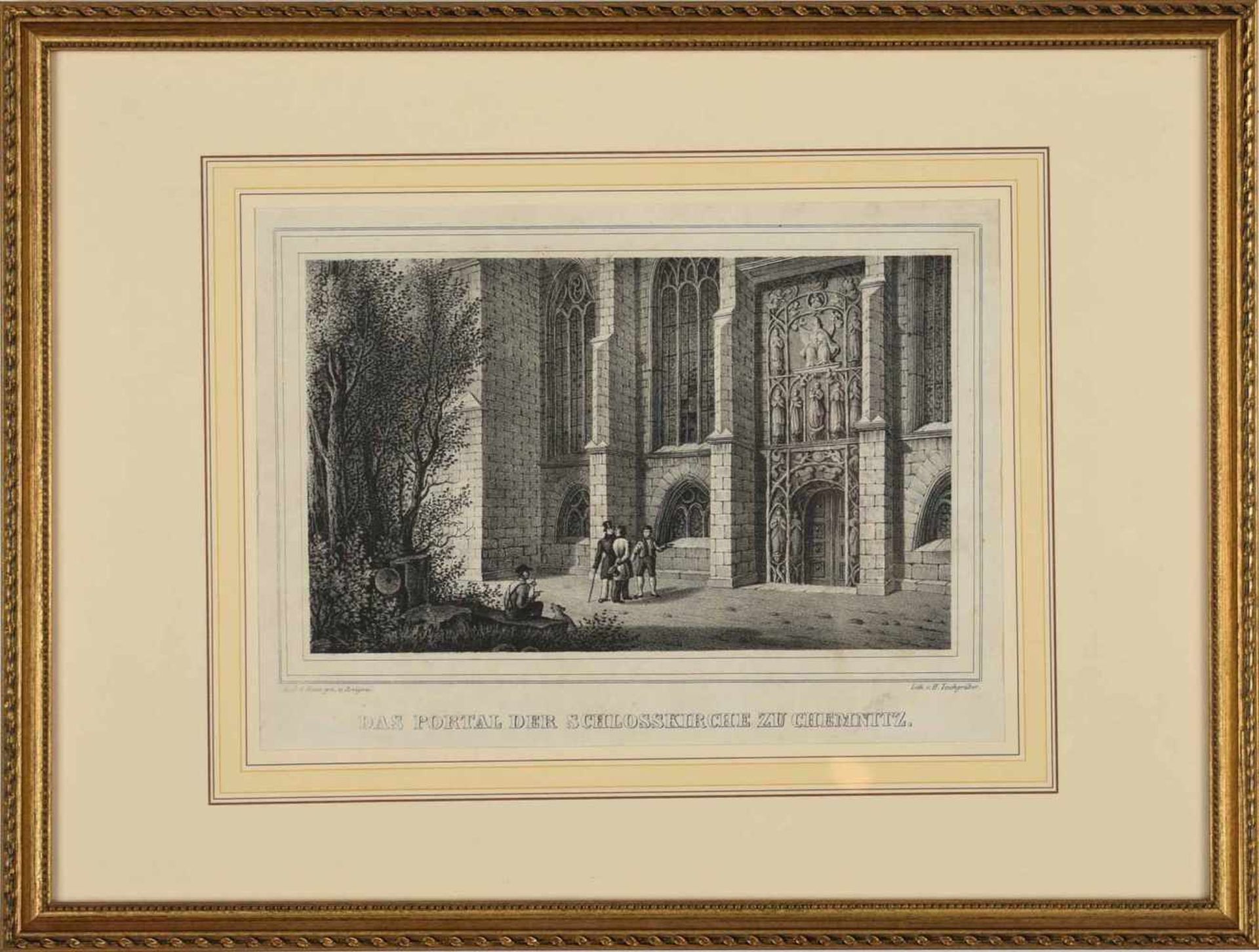 Drei Chemnitzer Ansichten dabei: Lithografie von H. Teichgräber, "Das Portal der Schlosskirche zu - Bild 2 aus 4