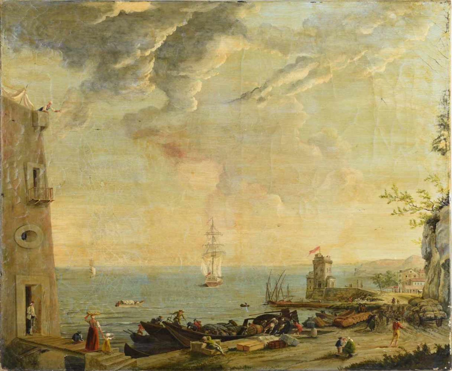 Unsigniert Öl/Lwd., Hafenszene mit Personenstaffage in Stil des 18. Jahrhunderts, ungerahmt, - Bild 2 aus 2