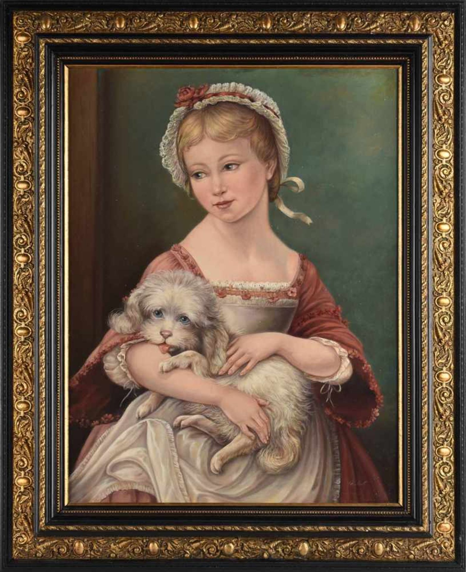 Undeutlich signiert Öl/Lwd., junges Mädchen mit Hund, im Stil des 19. Jhs., gerahmt, ca. 62 x 47 cm, - Bild 3 aus 4
