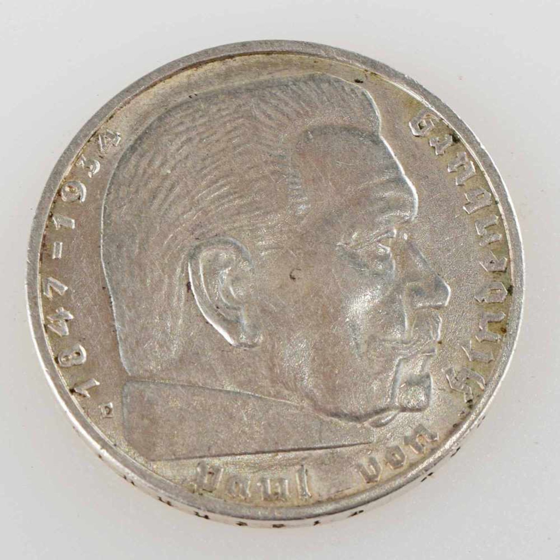 Silbermünze III. Reich 2 Reichsmark, av. Paul von Hindenburg Kopf rechts, rv. Adler mit Swastika, - Bild 2 aus 3