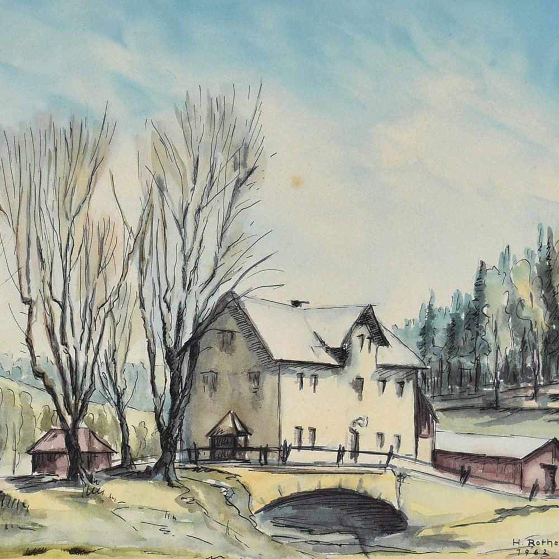 Rothe, Hans aquarellierte Federzeichnung, Blick auf ein Haus mit Baumallee, wohl Ansicht aus dem