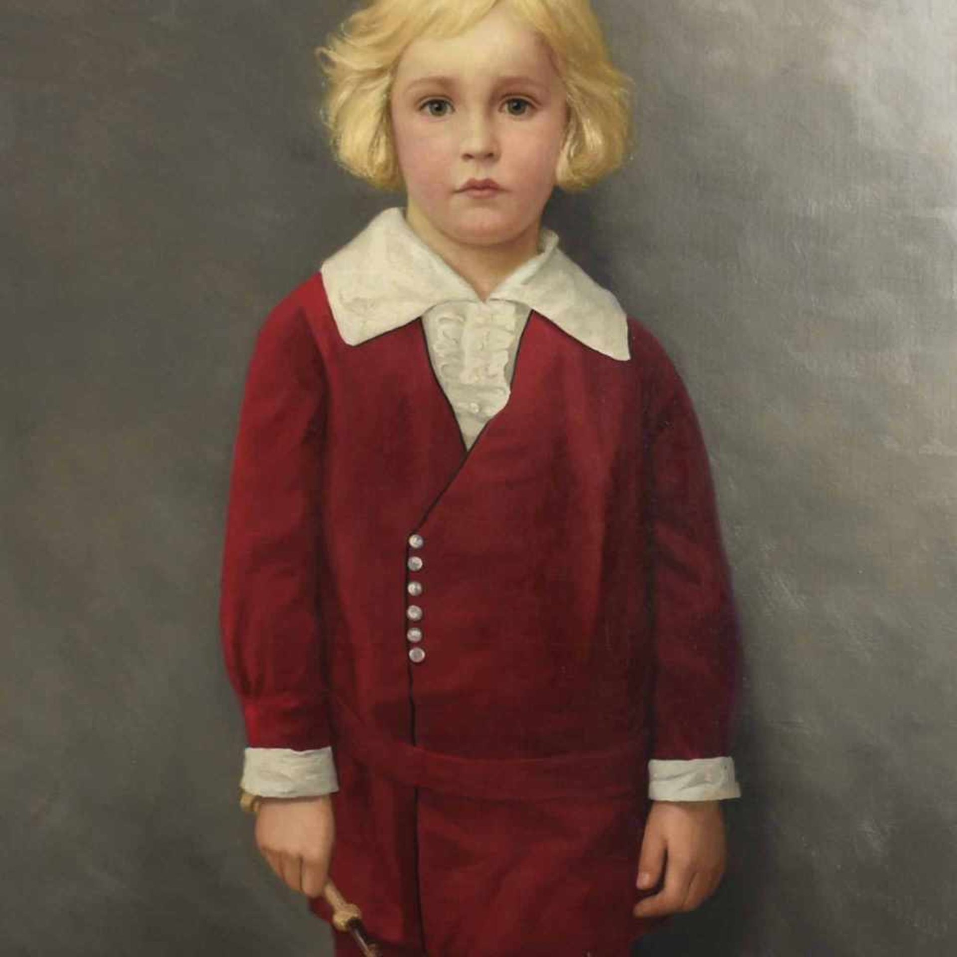 Santer, A. Öl/Lwd., Porträtdarstellung, stehender Junge im roten Hosenanzug, links unten signiert