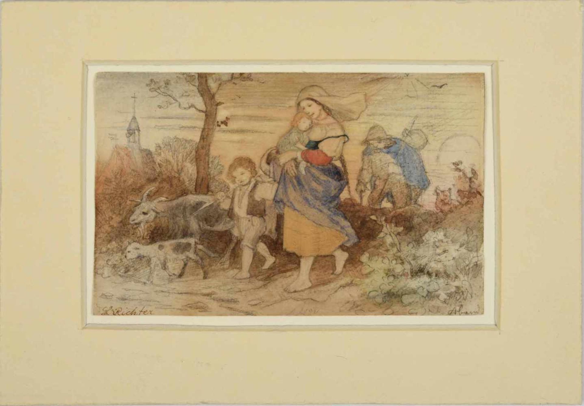 Richter, L. Aquarell und Bleistift auf Papier, "Abend", heimkehrende Mutter mit Kindern und - Bild 2 aus 4