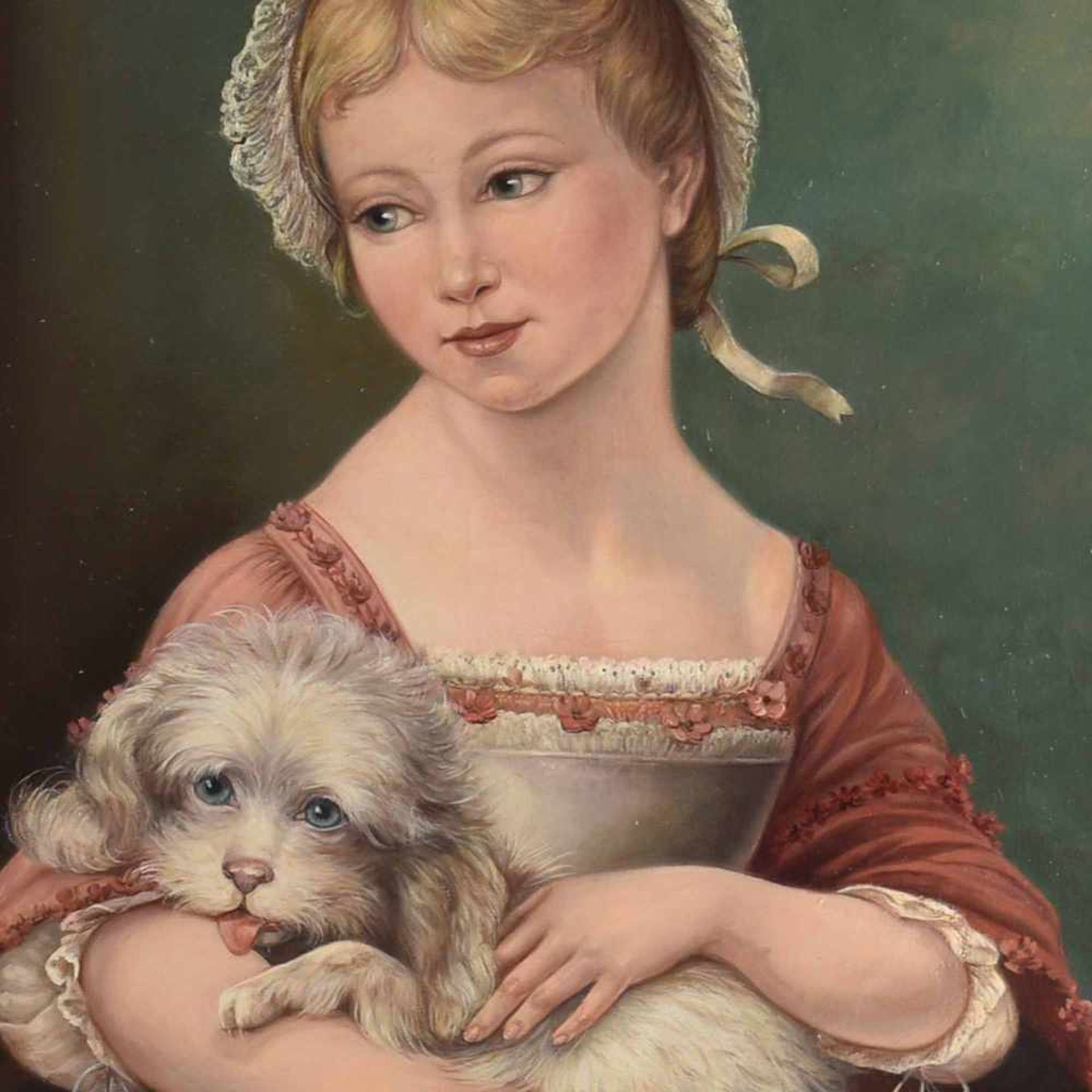 Undeutlich signiert Öl/Lwd., junges Mädchen mit Hund, im Stil des 19. Jhs., gerahmt, ca. 62 x 47 cm,