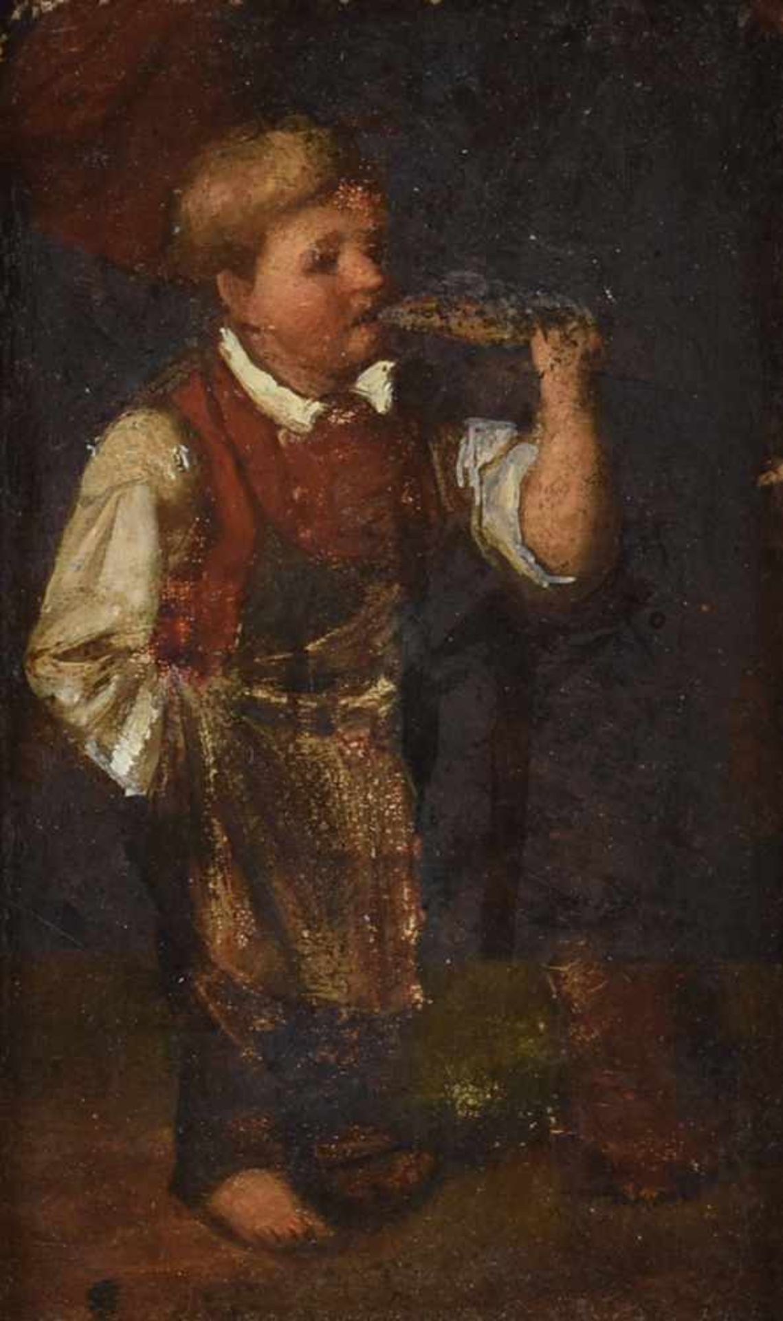 Unsigniert Öl/Karton, Junge in Küche, gerahmt, Altersspuren, ca. 14 x 9 cm, mit Rahmen ca. 24 x 19,5 - Bild 2 aus 3