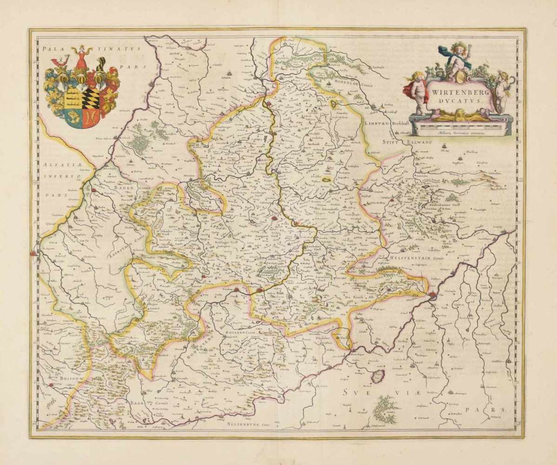 Karte Württemberg Kupferstich, teilkoloriert, "Wirtenberg Ducatus", in Kartusche bez., rs. - Bild 2 aus 2