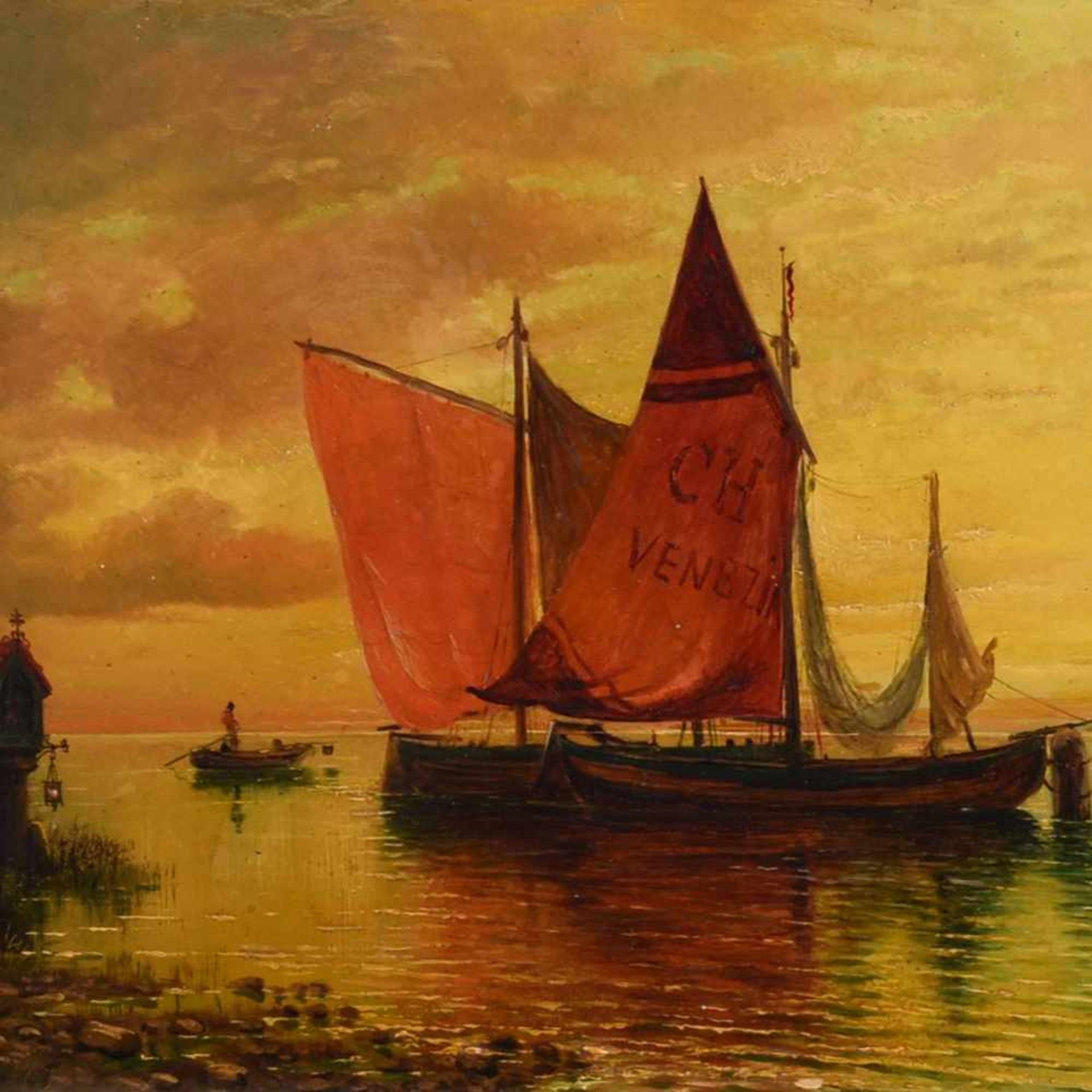 Monogrammiert Öl/Holz, Segelboote im Abendrot vor der Silhouette von Venedig, rechts unten