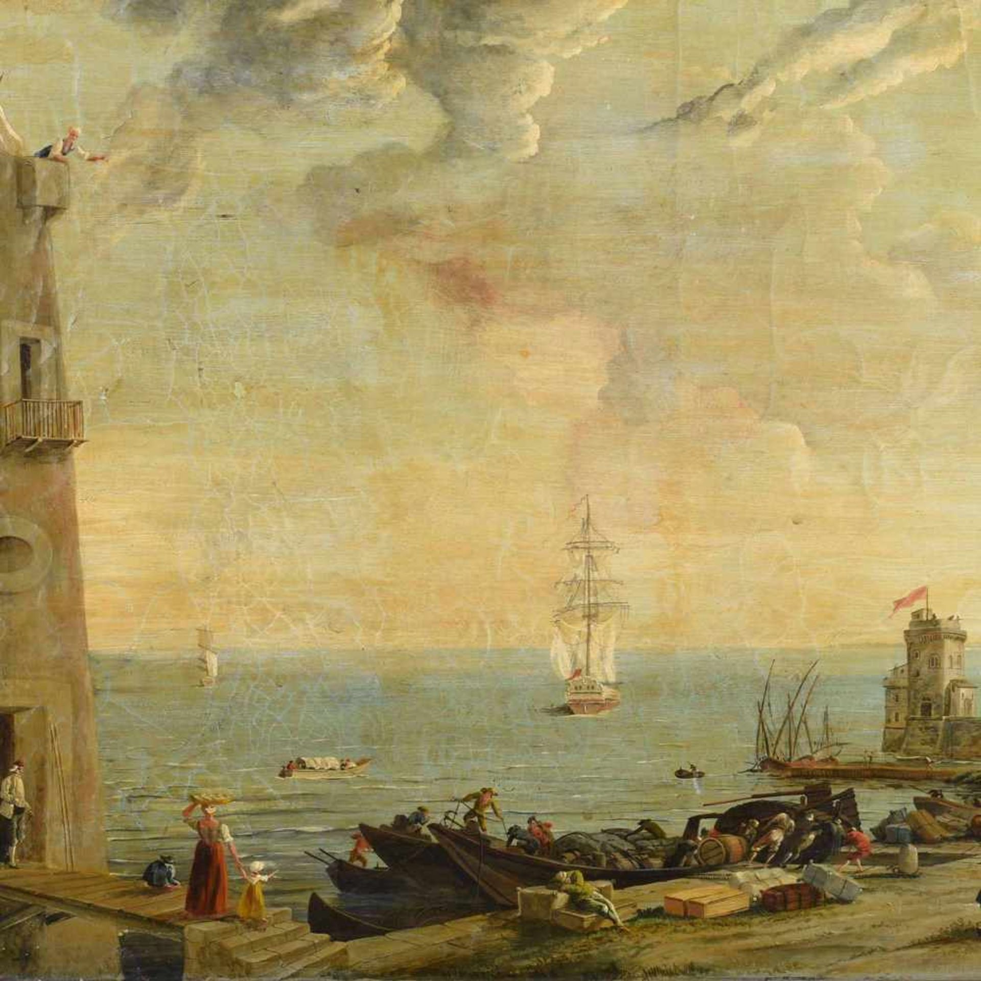 Unsigniert Öl/Lwd., Hafenszene mit Personenstaffage in Stil des 18. Jahrhunderts, ungerahmt,