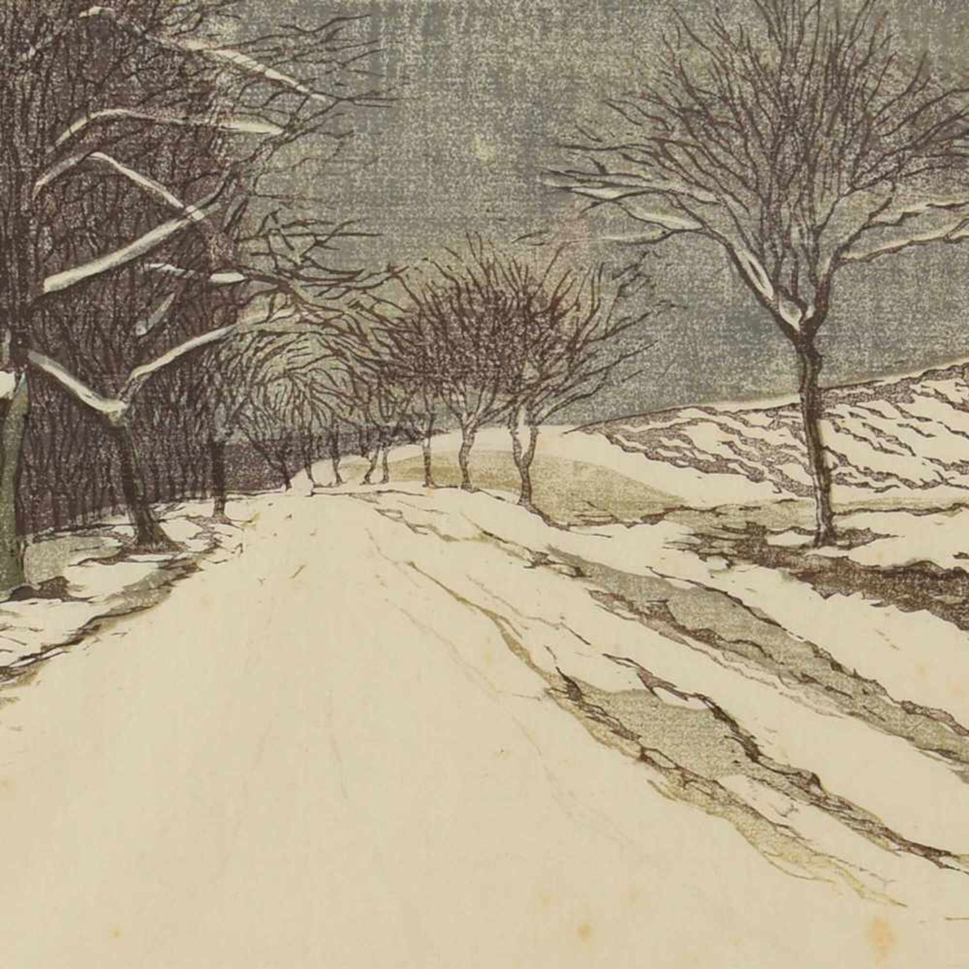 Geibel, Margarete (1876 Weimar - 1955 ebd.) Farbholzschnitt auf Japan, Winterlandschaft mit von