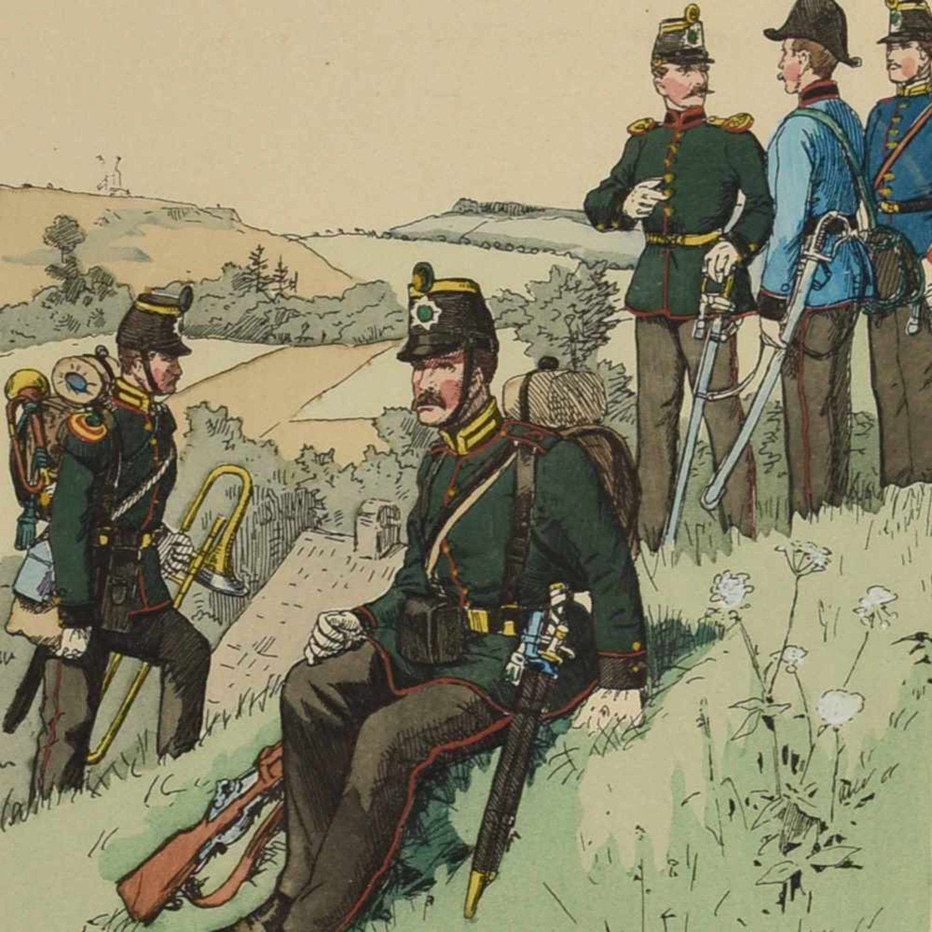 "Königl. Sächsische Armee 1862-67" Lithografie nach R. Knitel, Darstellung sächsischer Uniformen, im