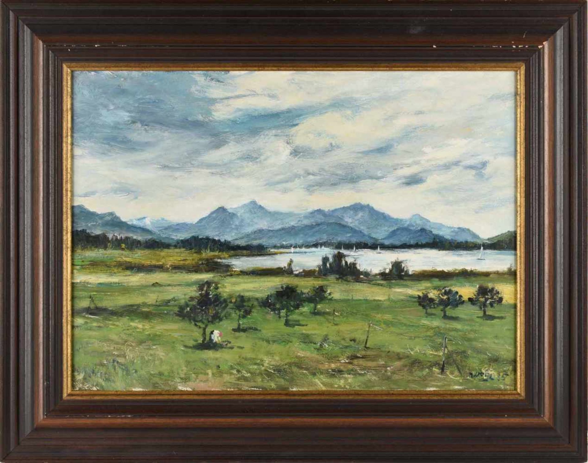 Vogl, M. Öl/Karton, Vorgebirgslandschaft mit See, rechts unten signiert und datiert (19)85, gerahmt, - Image 3 of 4