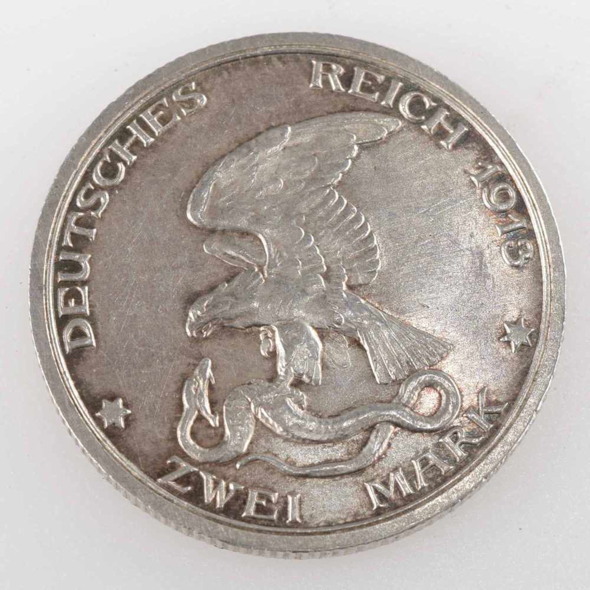 Silbermünze Preußen 1913 2 Mark, Befreiungskriege, av. Adler schlägt Schlange, rv. "Der König rief - Image 2 of 3
