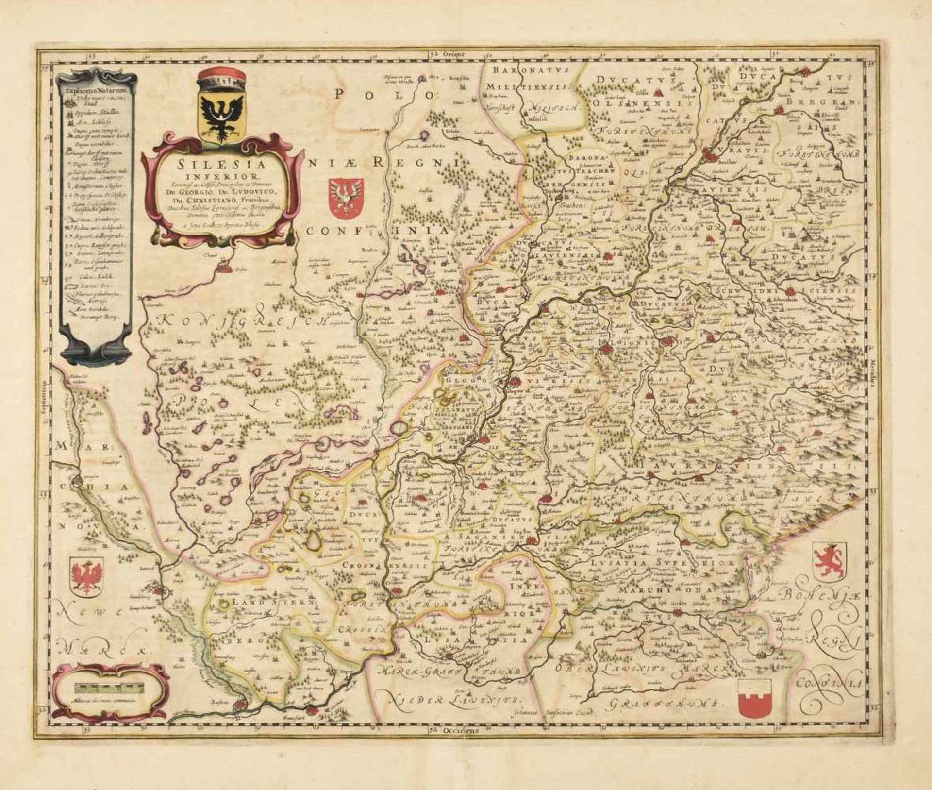 Karte Schlesien Kupferstich, teilkoloriert, "Silesia Inferior Sereniß. ac Celsiss, Principibus ac - Bild 2 aus 2