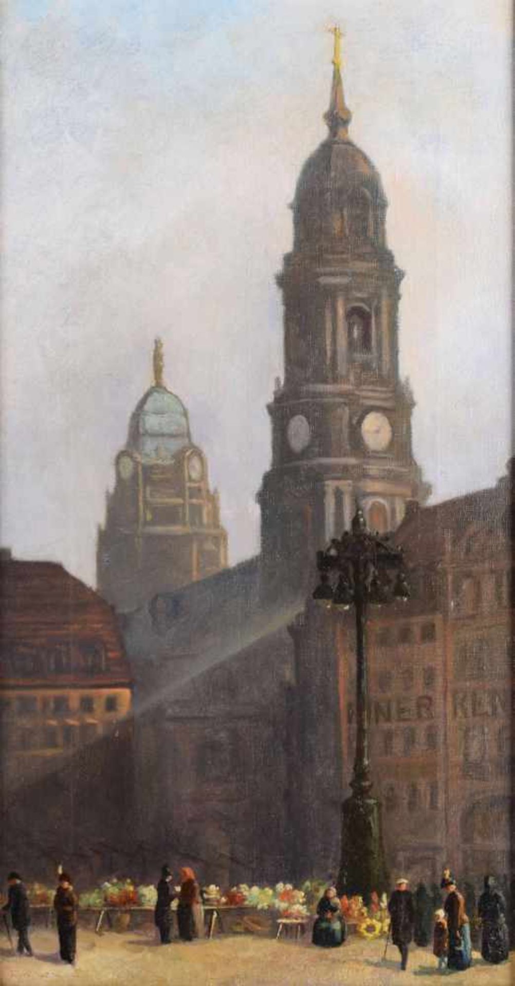 Unbekannter Künstler Öl/Lwd., Dresden-Ansicht mit Blumenmarkt vor Altstadtkulisse, gerahmt, ca. 57 x - Image 2 of 3
