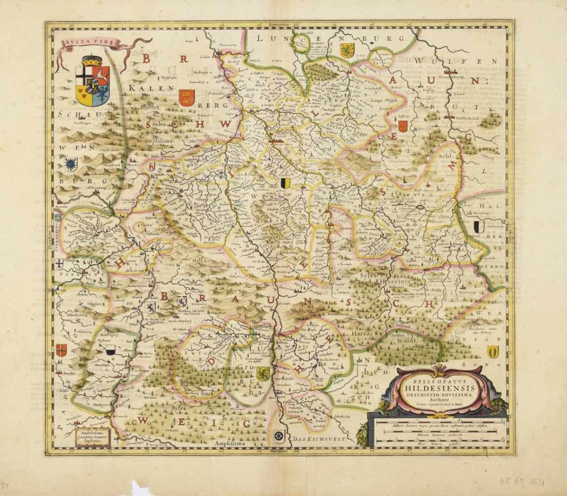 Karte Hildesheim Kupferstich, teilkoloriert, "Episcopatus Hildesiensis descriptio novissima", in - Bild 2 aus 2