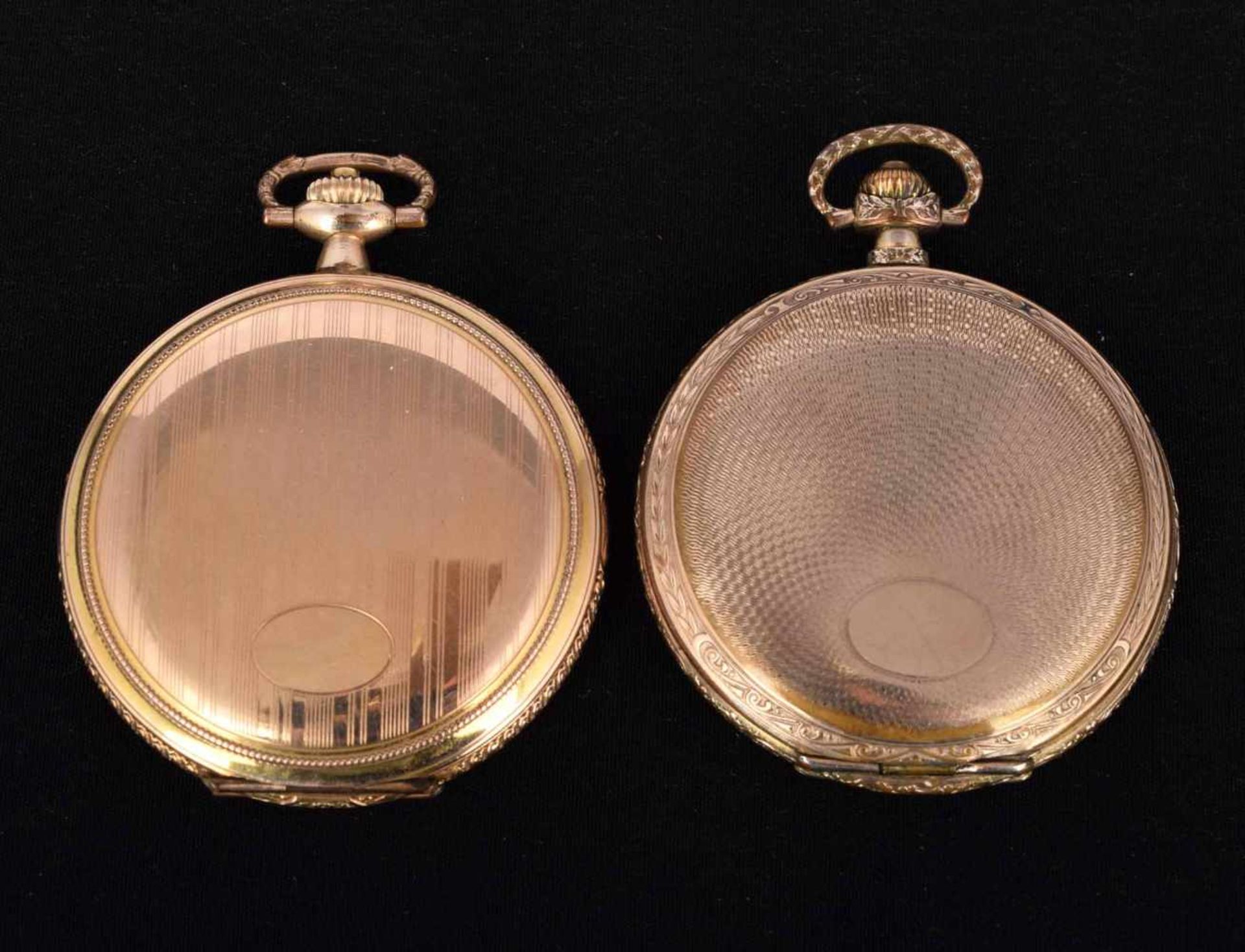 Zwei Sprungdeckeltaschenuhren Metallgehäuse vergoldet, untersch. Hersteller, Stunde, Minute und - Bild 3 aus 3