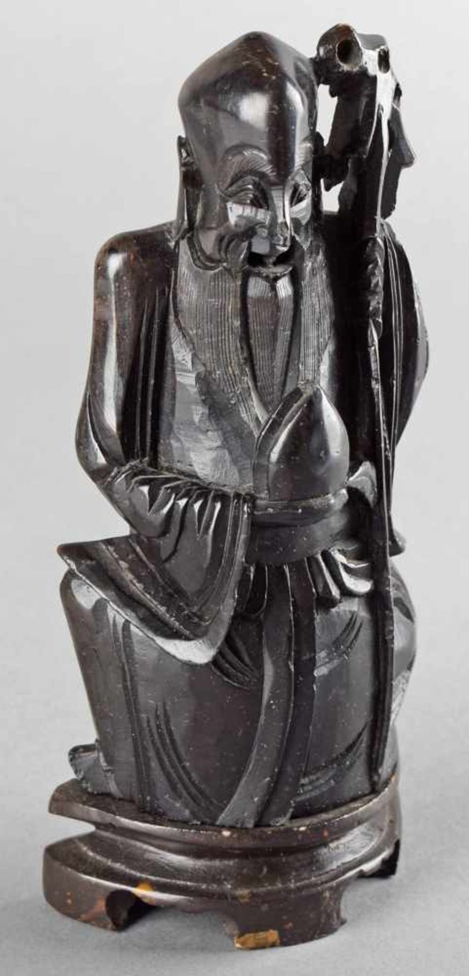 Götterfigur schwarz-brauner Speckstein, geschnitzt und poliert, Glücksgott Fukurokuju mit Stock - Bild 2 aus 5