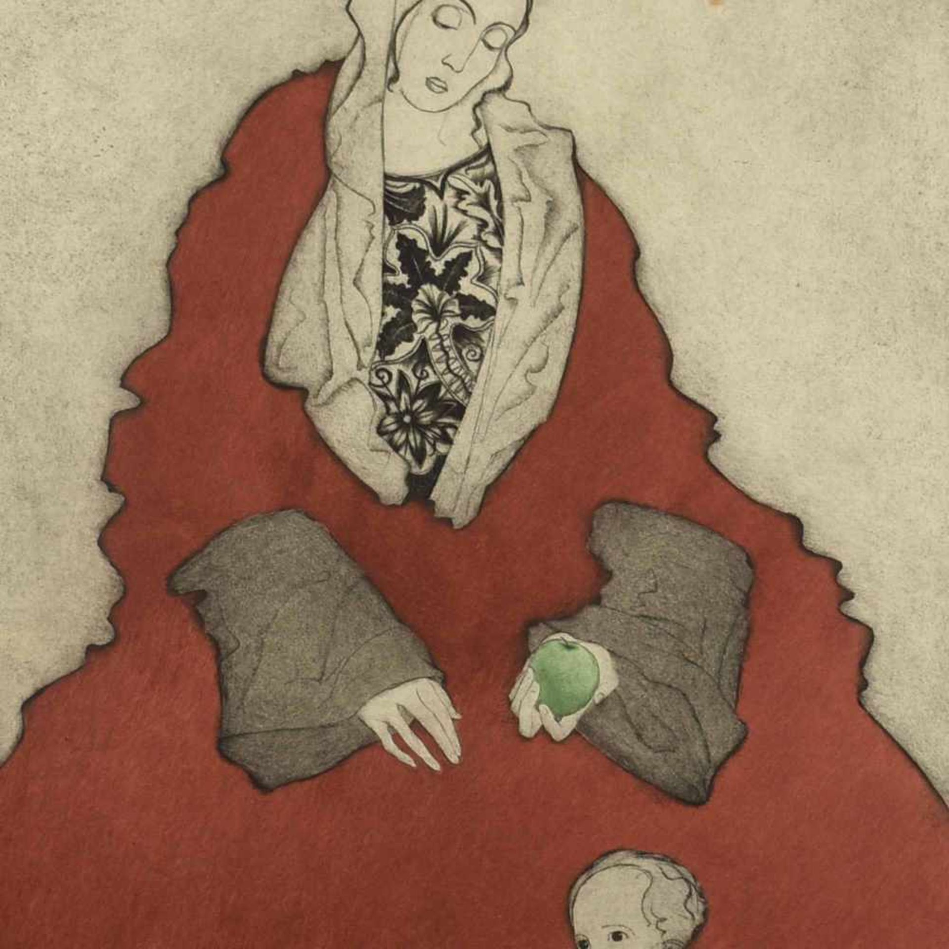 Frank, Sepp (1889 Miesbach - 1970 Feldafing) großformatige Farbradierung, "Mutter", Madonna im roten
