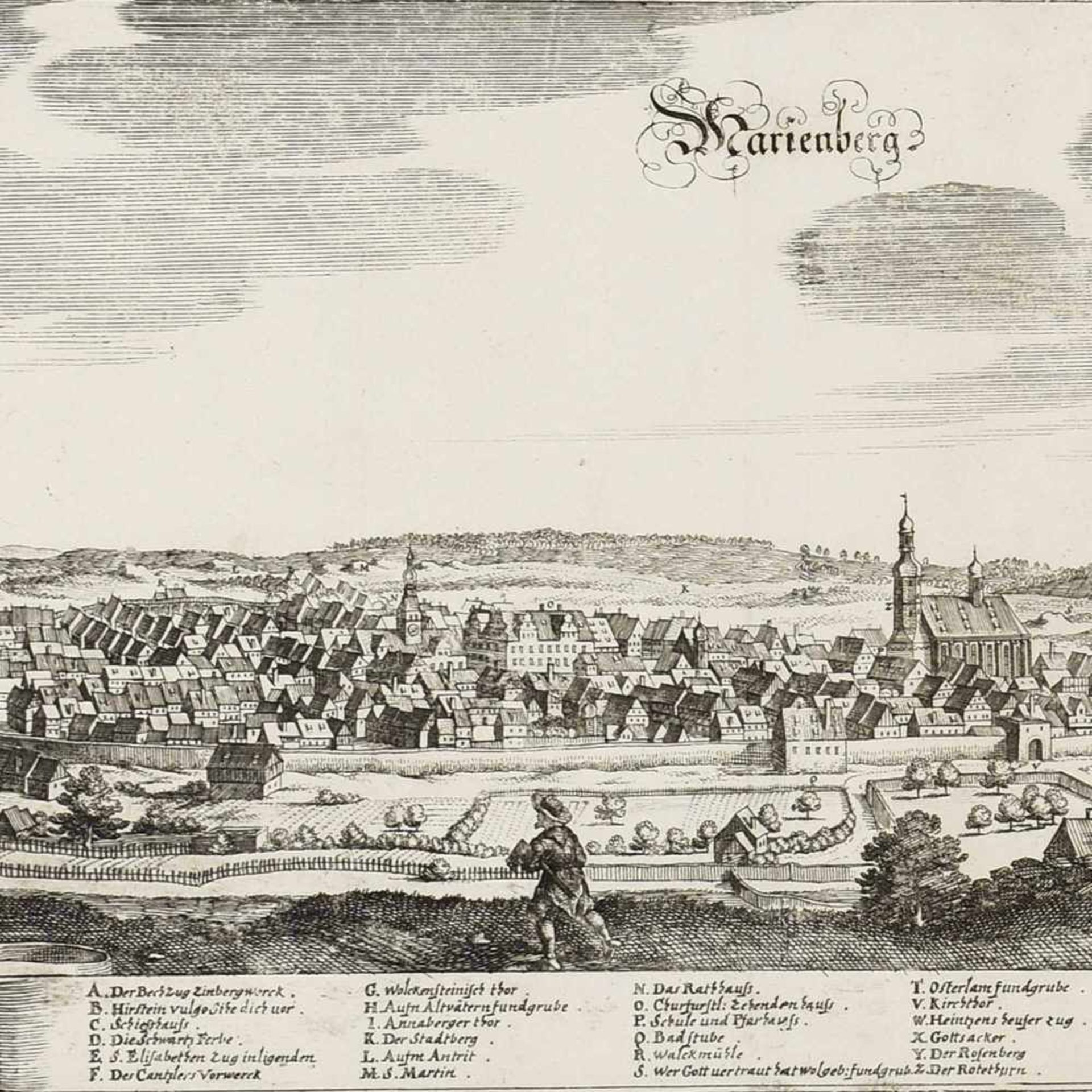 Ansicht von Marienberg Kupferstich, Panorama der Stadt Marienberg im Erzgebirge mit umliegenden