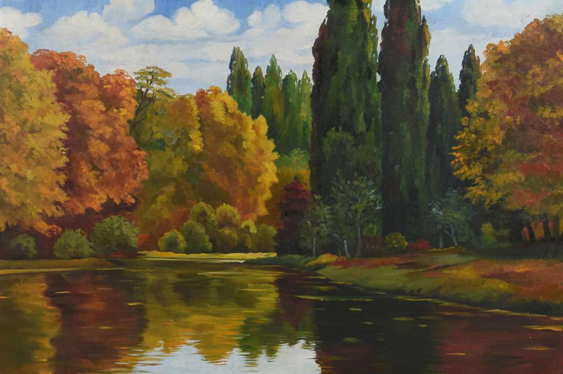 Kretzschmar, Paul (1867 Hainichen - 1936 Meissen) Öl/Lwd. herbstliche Landschaft mit Gewässer, - Bild 2 aus 4