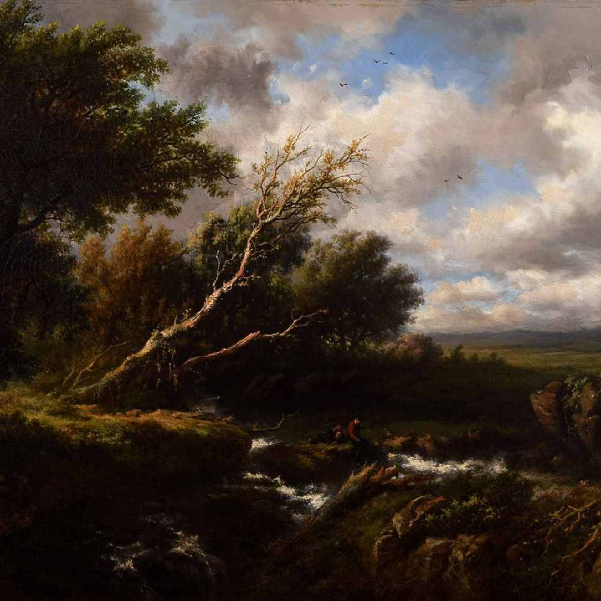 Bodeman, Willem (1806 Amsterdam - 1880 Bussum) Öl/Lwd., Landschaft mit zwei Anglern am Bachlauf,