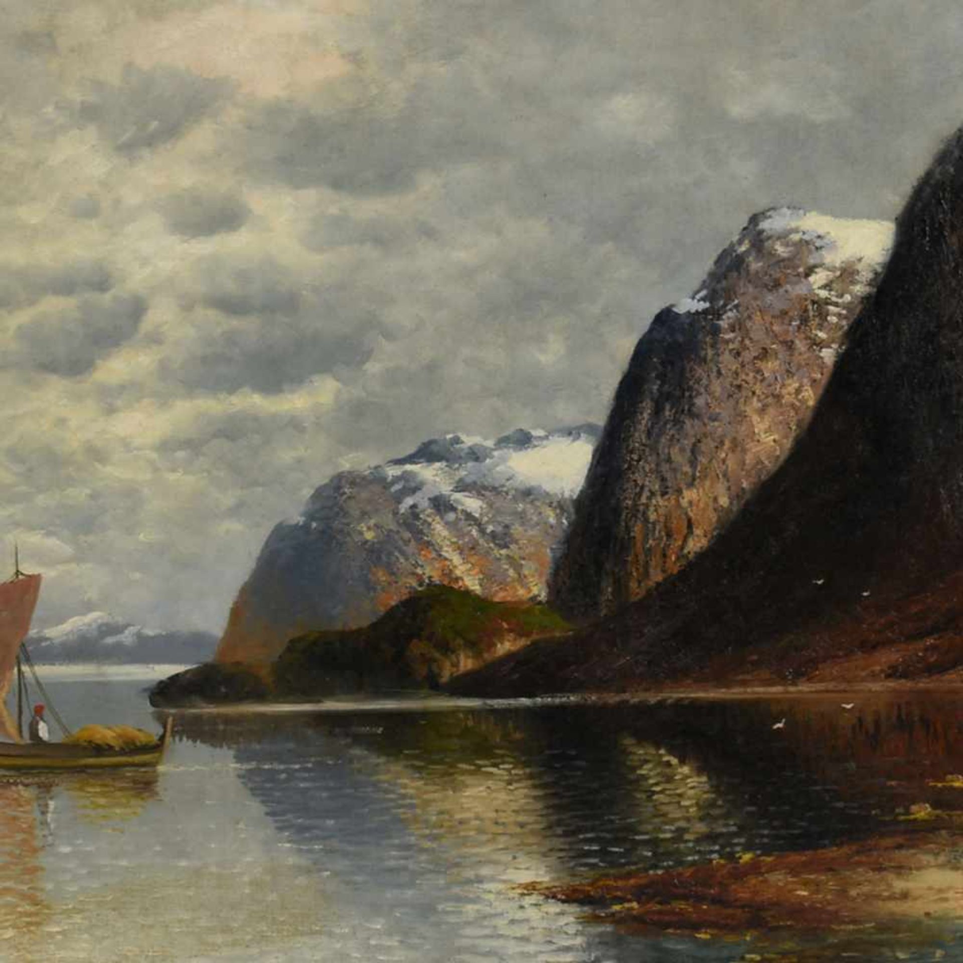 Nordwik, O. Öl/Lwd., Fjordlandschaft mit Fischerboot, links unten signiert, breite