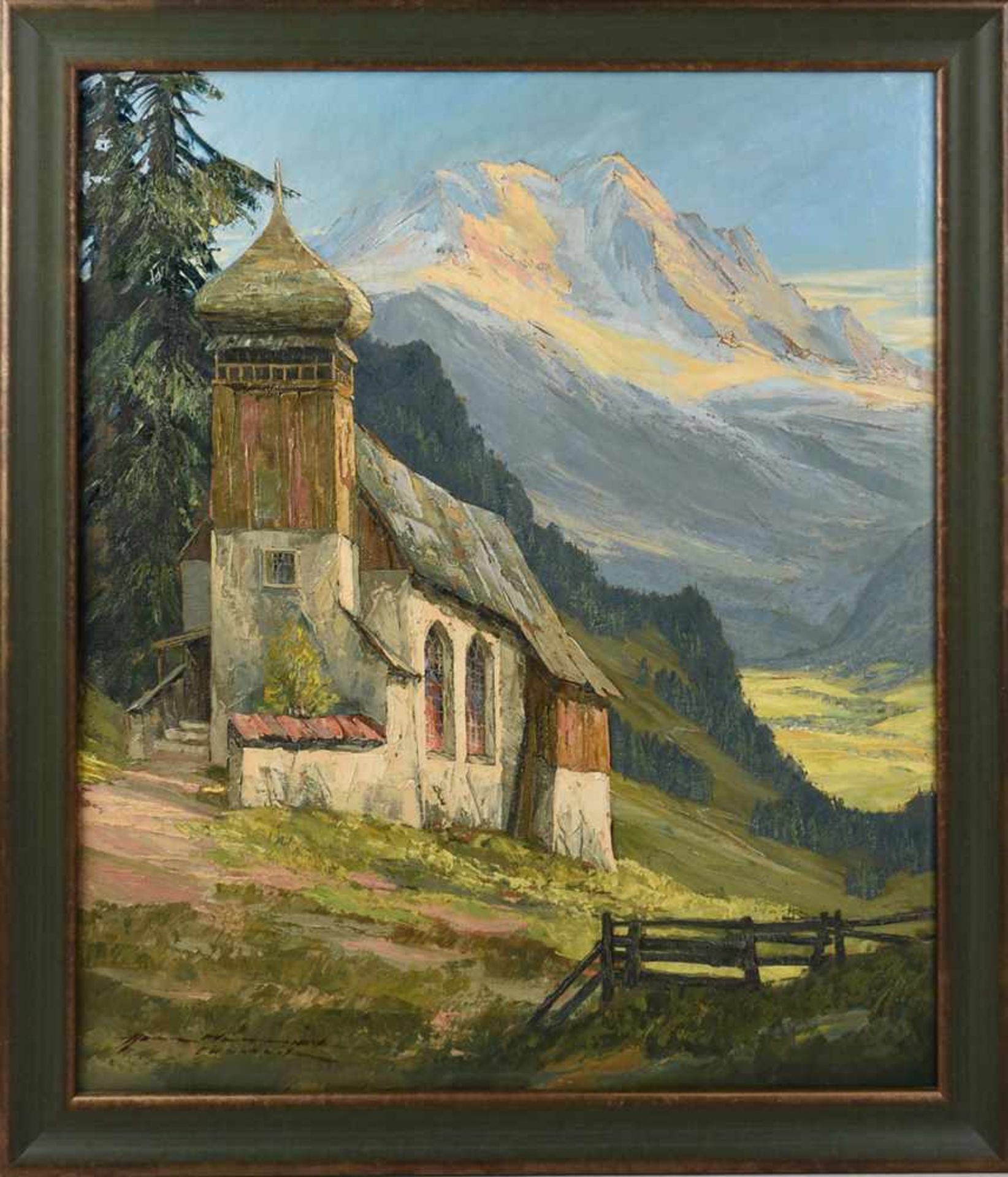 Münnich, Heinz (1921 Chemnitz - 1977 Starnberg) Öl/Lwd., Alpenlandschaft mit Kapelle, links unten - Bild 3 aus 4