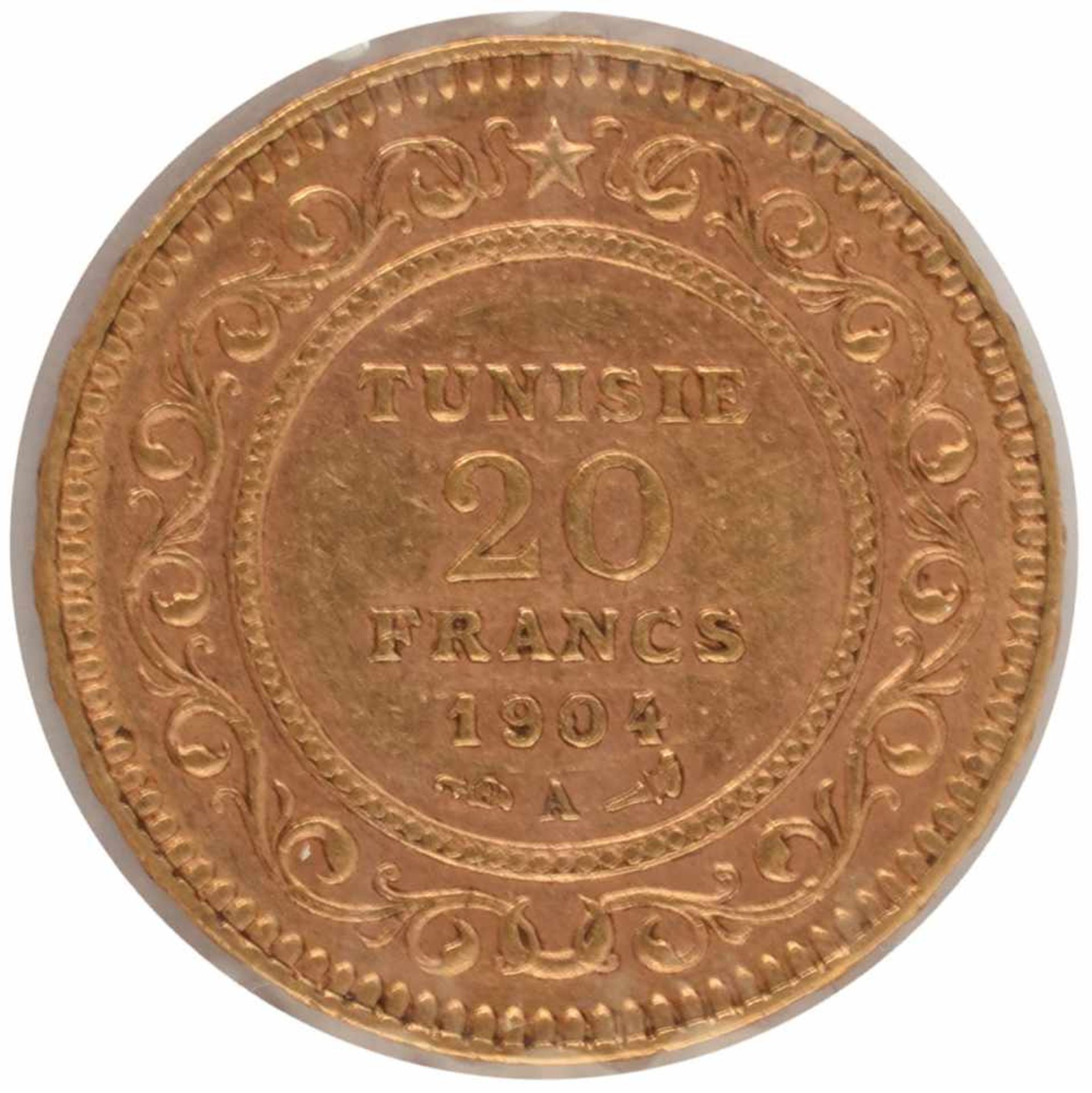 Goldmünze Tunesien 1904 20 Francs in Gold, 900/1000, 6,45 g, av. Wertangabe und Arabesken, rv. - Bild 2 aus 3