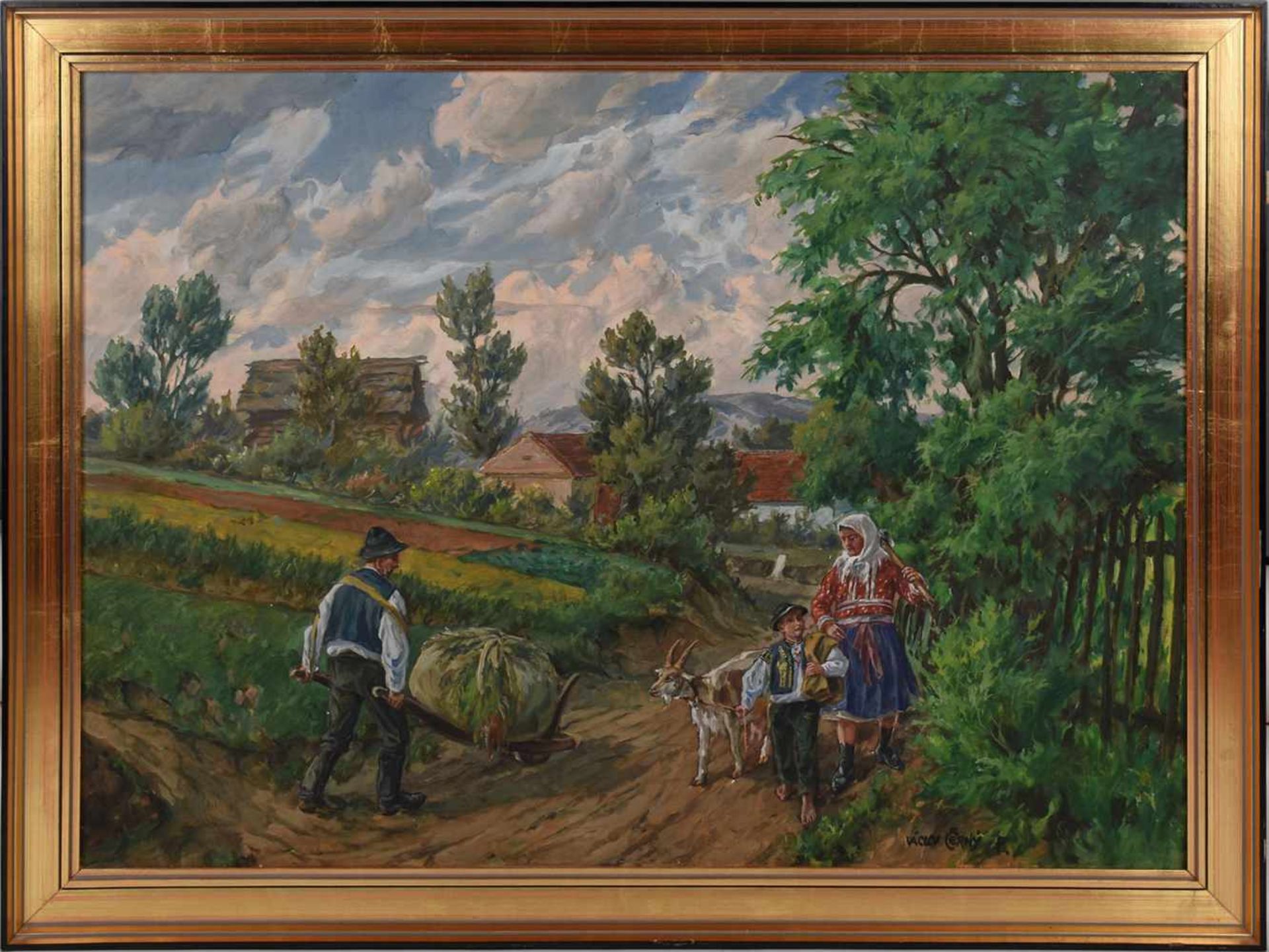 Cerny Öl/Lwd., bäuerliche Szene, gerahmt, ca. 75 x 99 cm, mit Rahmen ca. 87,5 x 110,5 cm, zweite - Bild 3 aus 4