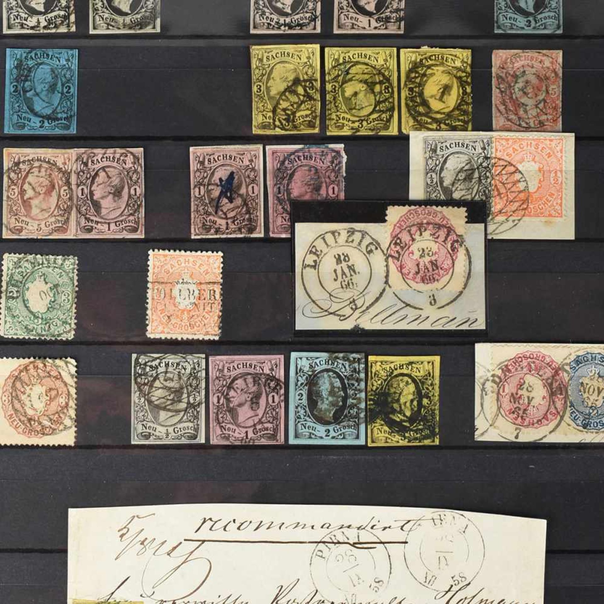 Konvolut Briefmarken und Belege Sachsen gestempelt, schöne Auswahl von der Freimarke Staatswappen