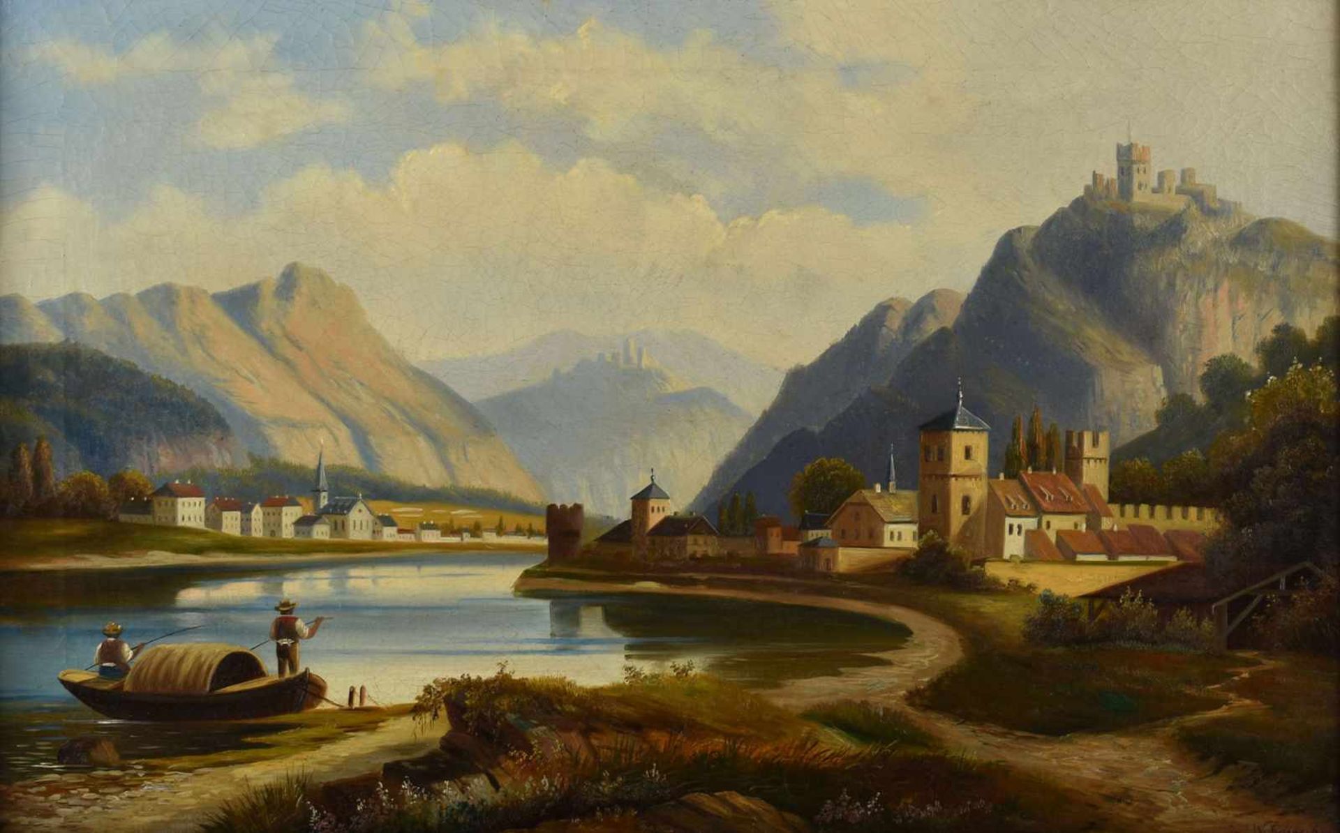 Schreiber, W. Öl/Lwd., Rheinlandschaft mit Personenstaffage, rechts unten signiert, gerahmt, ca. - Bild 2 aus 4