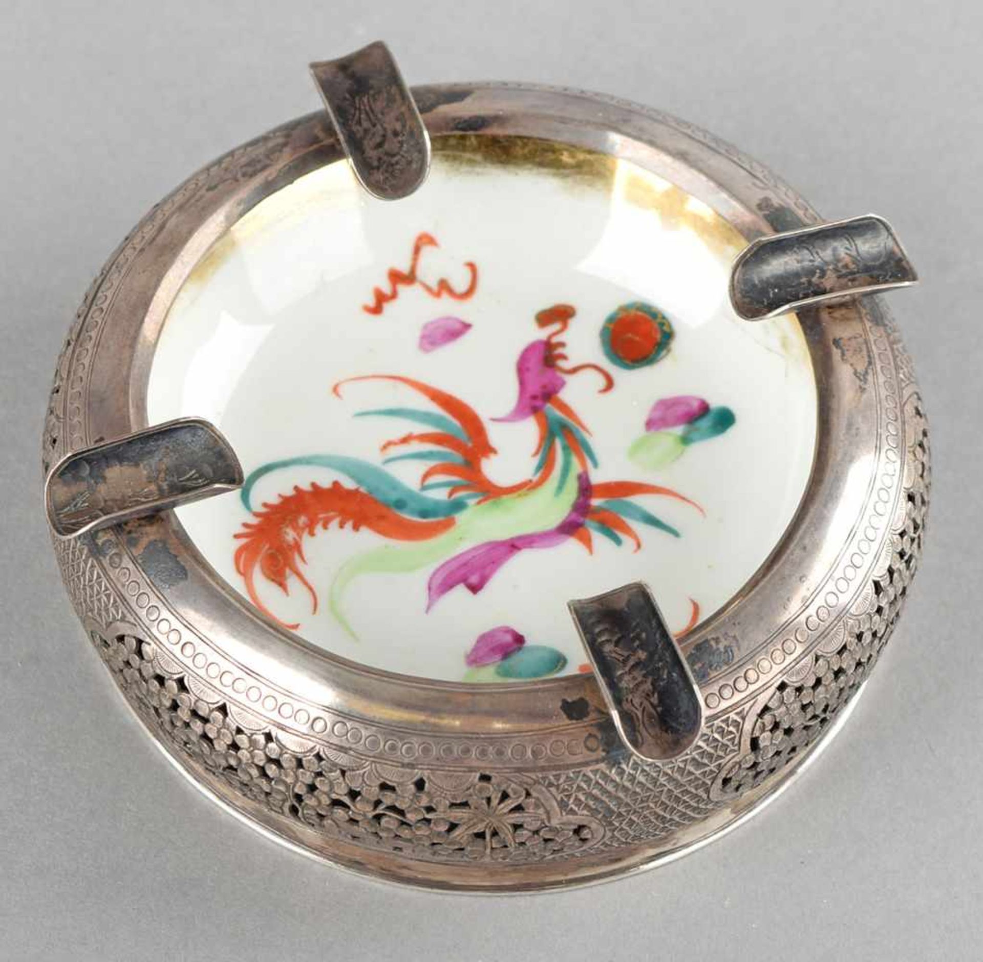 Aschenbecher Silber 900, gemarkt "Vietnam", runde Silberfassung mit asiatischem Landschaftsmotiv, - Bild 3 aus 3