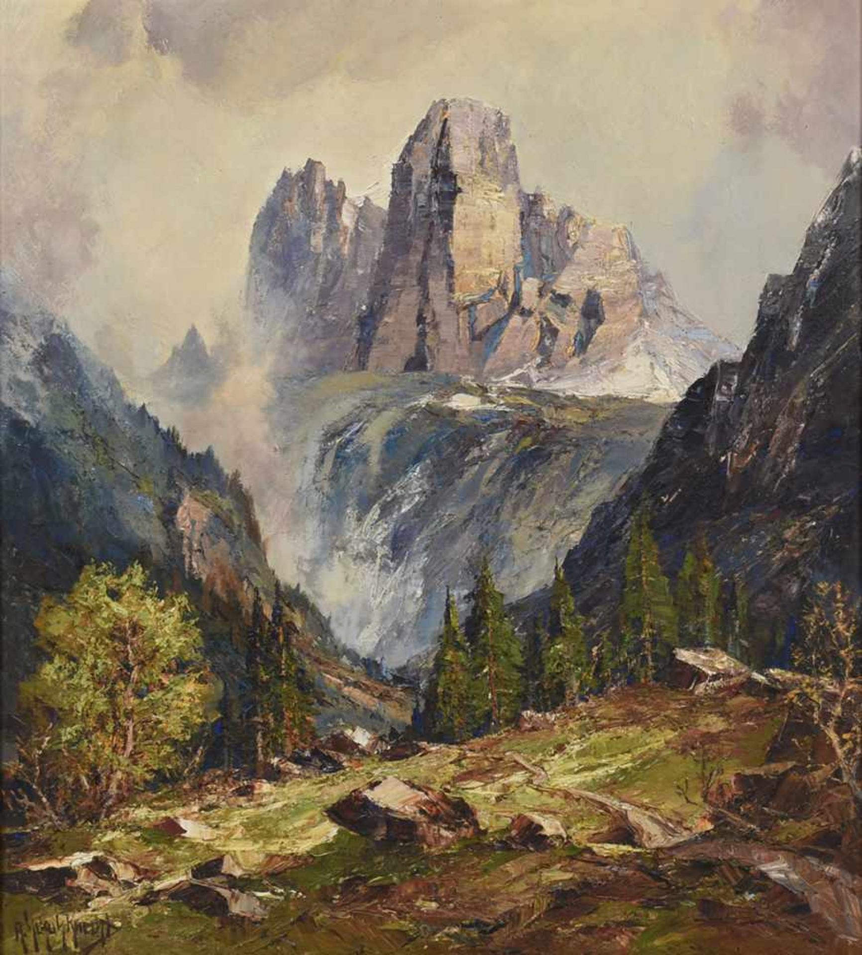 Schuhknecht, Adolf (1889 Reichenbach -1963 Rotenburg) Öl/Lwd., "Im Riengtal (Drei Zinnen, - Bild 2 aus 4