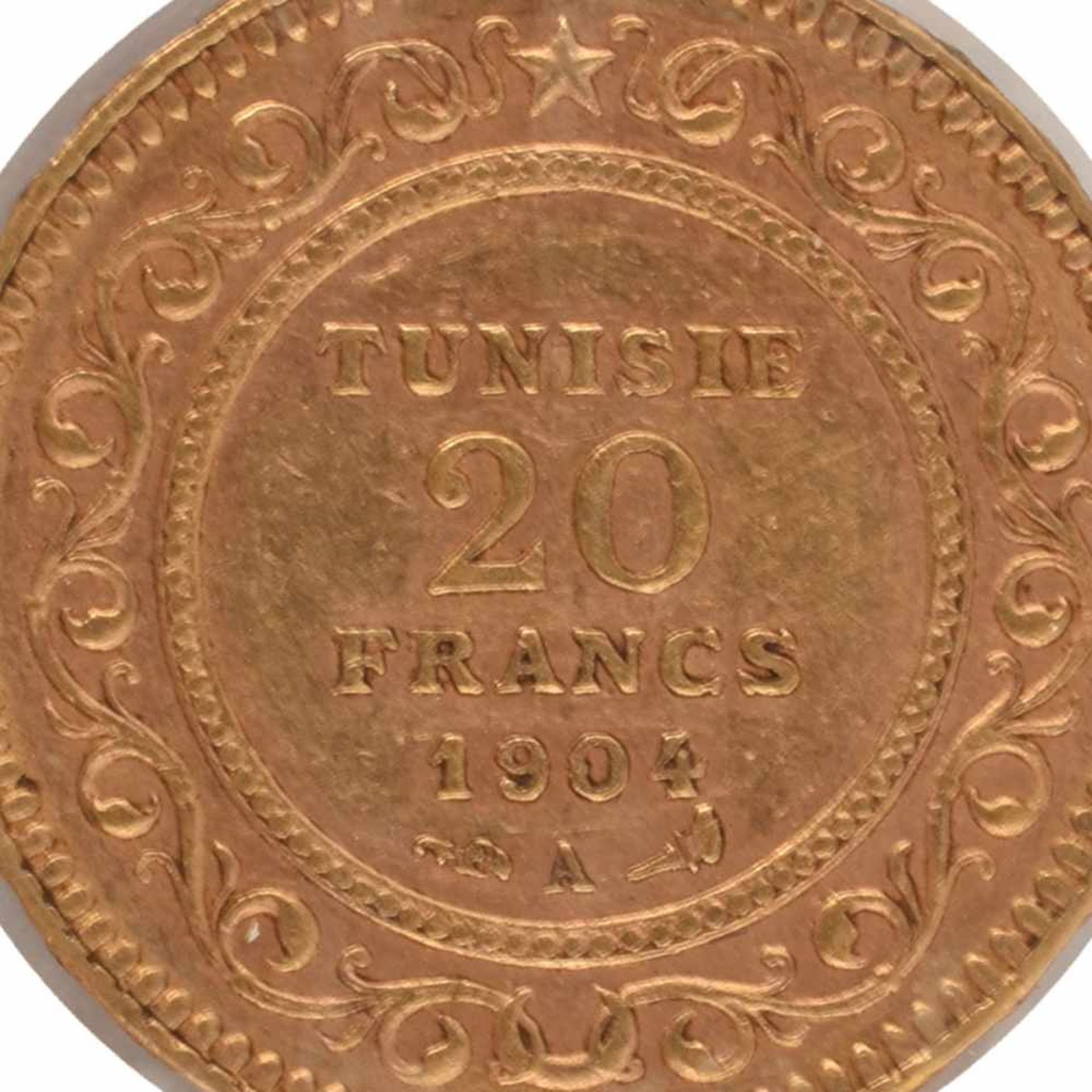 Goldmünze Tunesien 1904 20 Francs in Gold, 900/1000, 6,45 g, av. Wertangabe und Arabesken, rv.