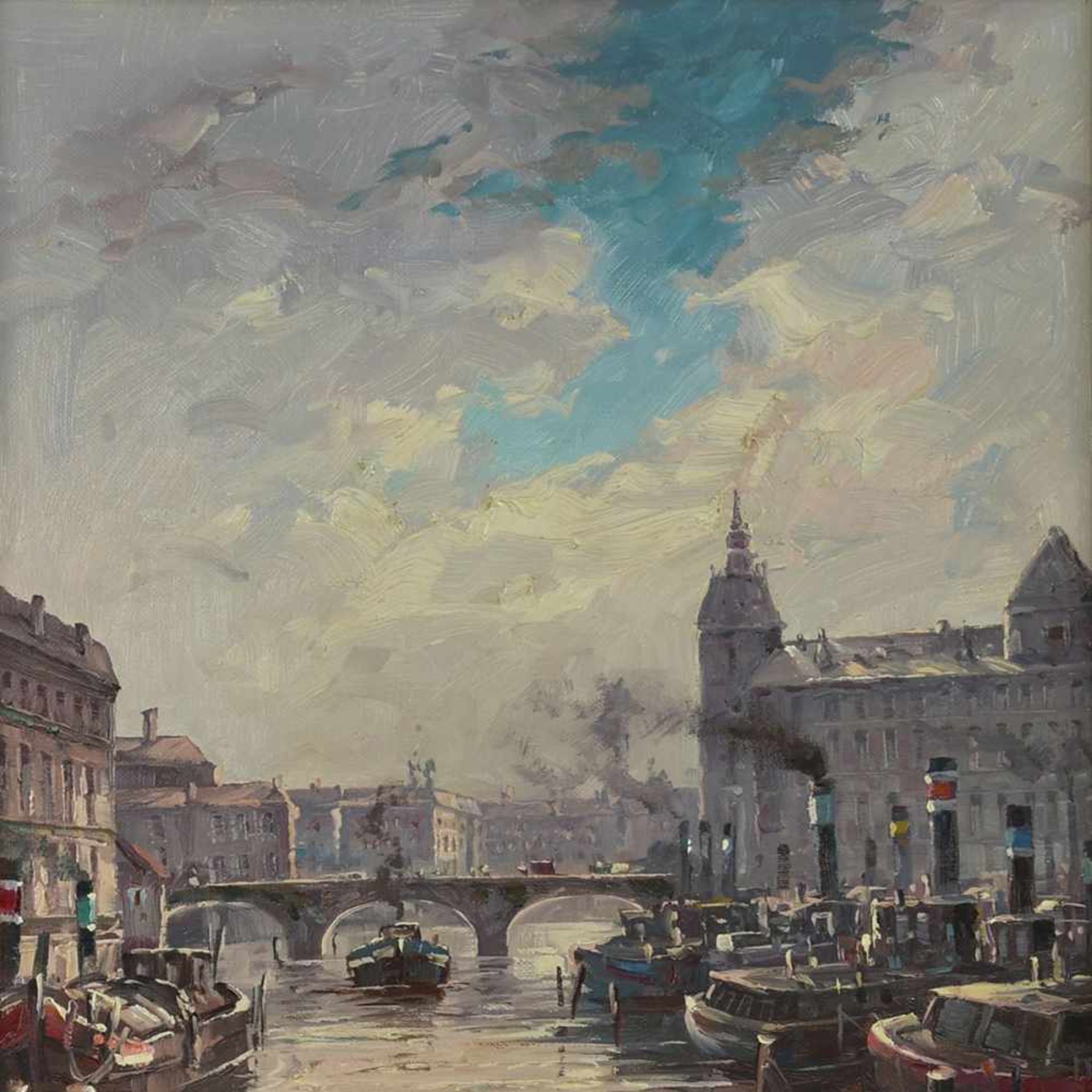 Miesler, Horst (1934 Breslau - ) Öl/Lwd., Ansicht von Berlin mit Blick über die Spree, rechts