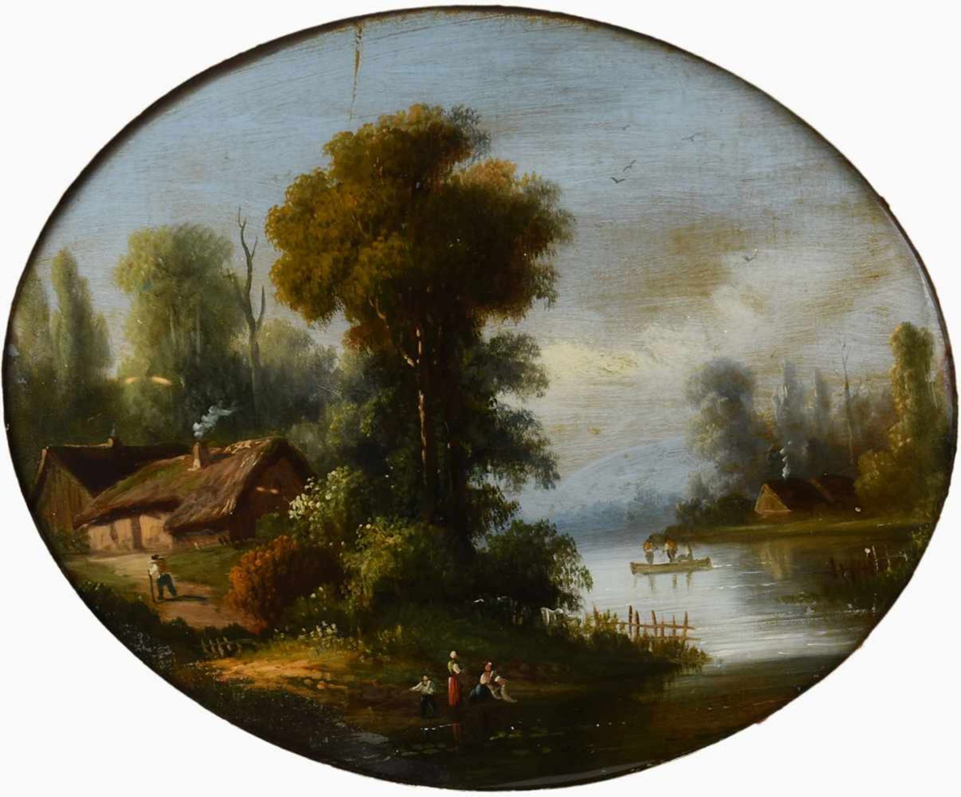 Hinterglasmalerei Darstellung einer romantischen Flusslandschaft mit Architektur- und - Bild 2 aus 3