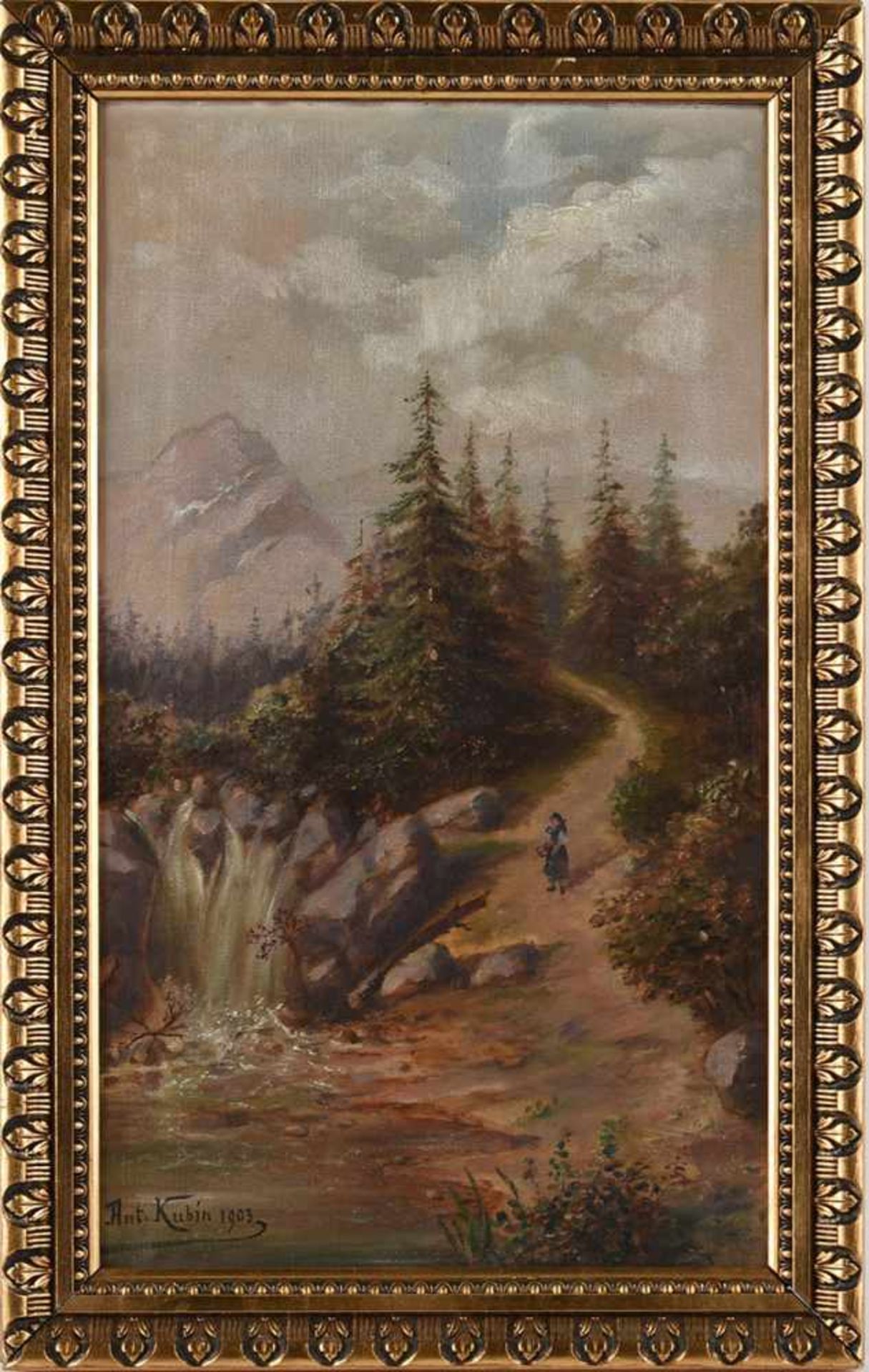 Kubin, Anton Öl/Lwd., Berglandschaft mit Wasserfall und Figurenstaffage, links unten signiert und - Bild 3 aus 3