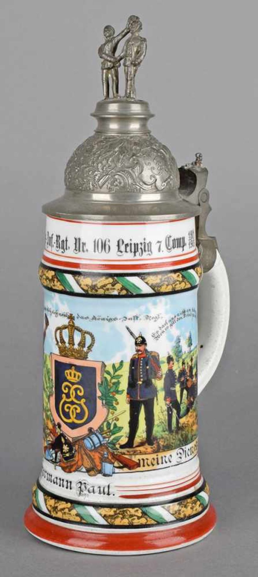 Reservistenkrug Infanterie Sachsen 1901/1903 walzenförmiger Korpus mit Bodenbild, - Bild 2 aus 6