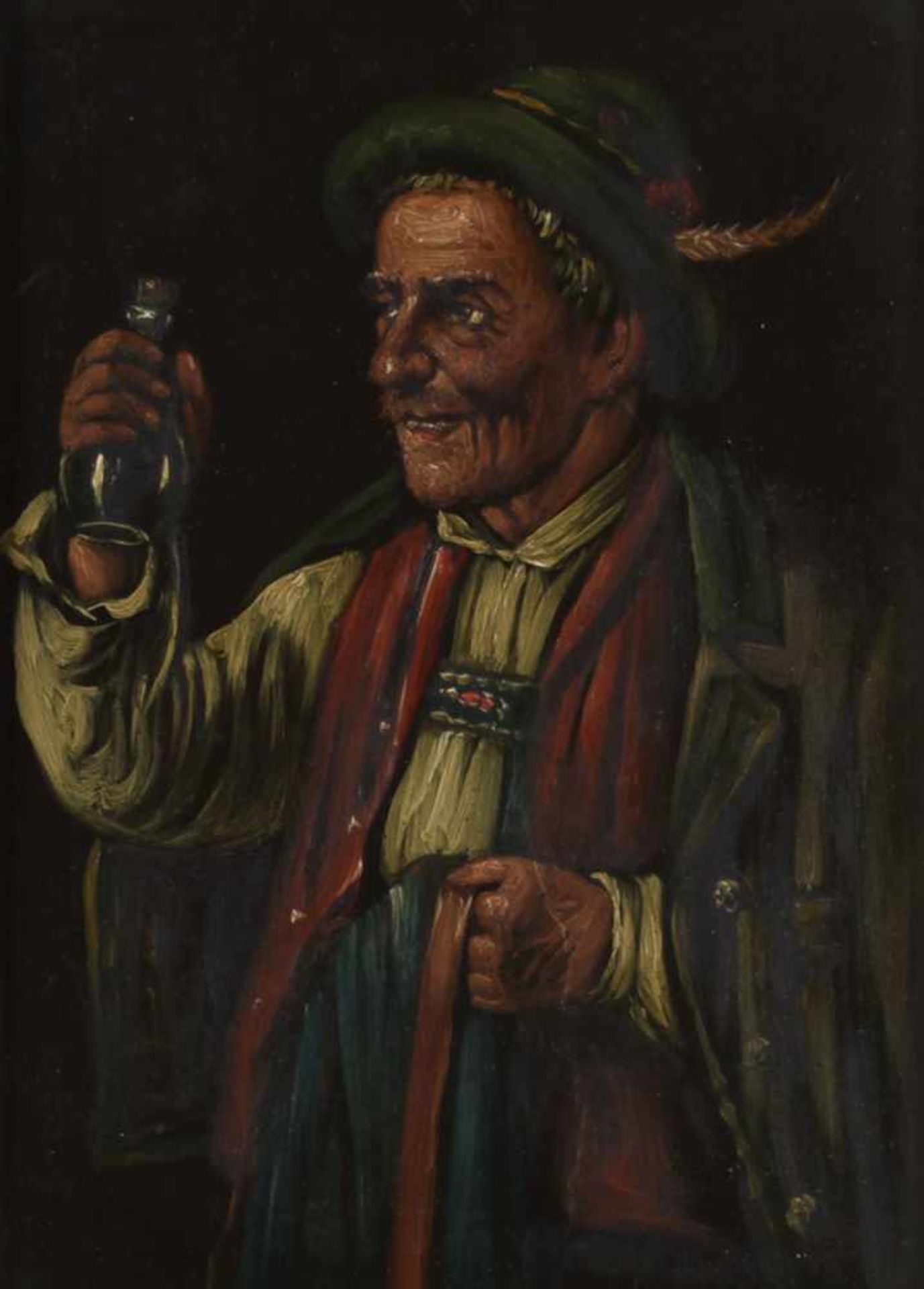 Unsigniert Öl/Schieferplatte, Bergbauer mit Flasche, gerahmt, Altersspuren, ca. 22 x 16 cm, mit - Bild 2 aus 3