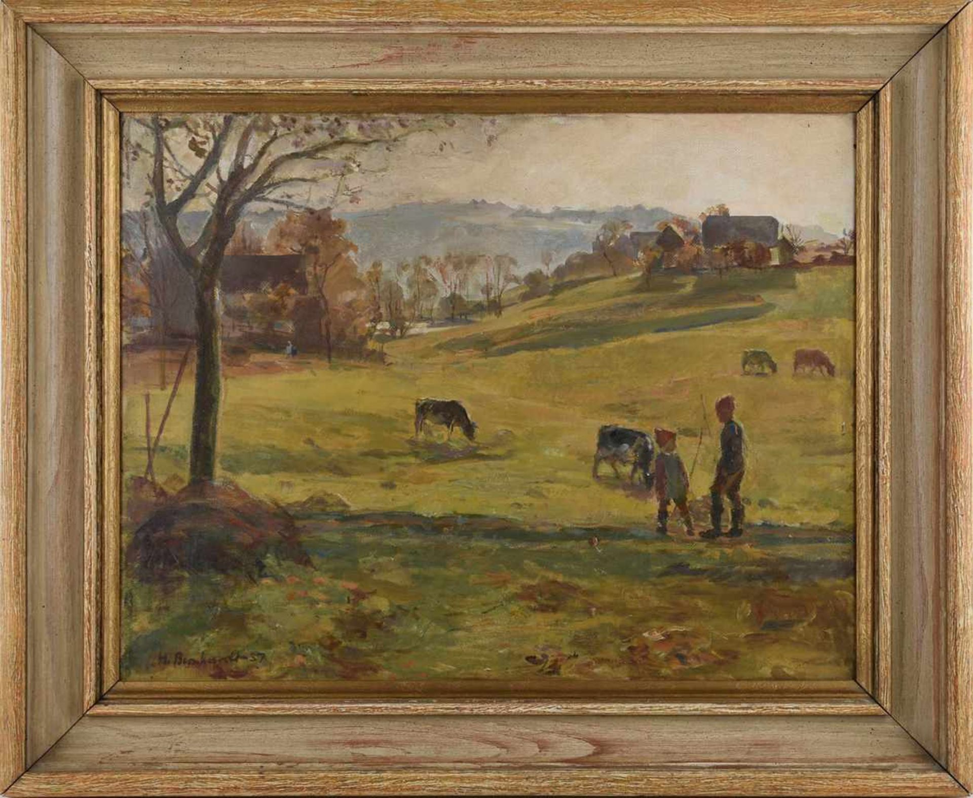 Bernhardt, Helmut (1905 Berlin - war tätig in Chemnitz) Öl/Malpappe, Landschaft mit Kindern als - Bild 3 aus 3