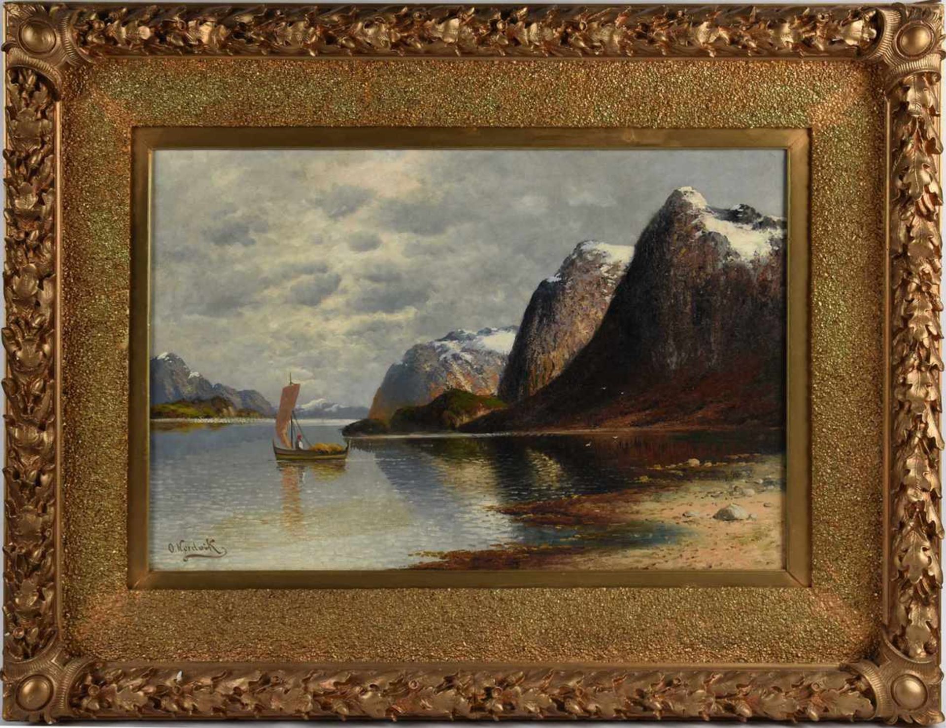 Nordwik, O. Öl/Lwd., Fjordlandschaft mit Fischerboot, links unten signiert, breite - Bild 3 aus 4