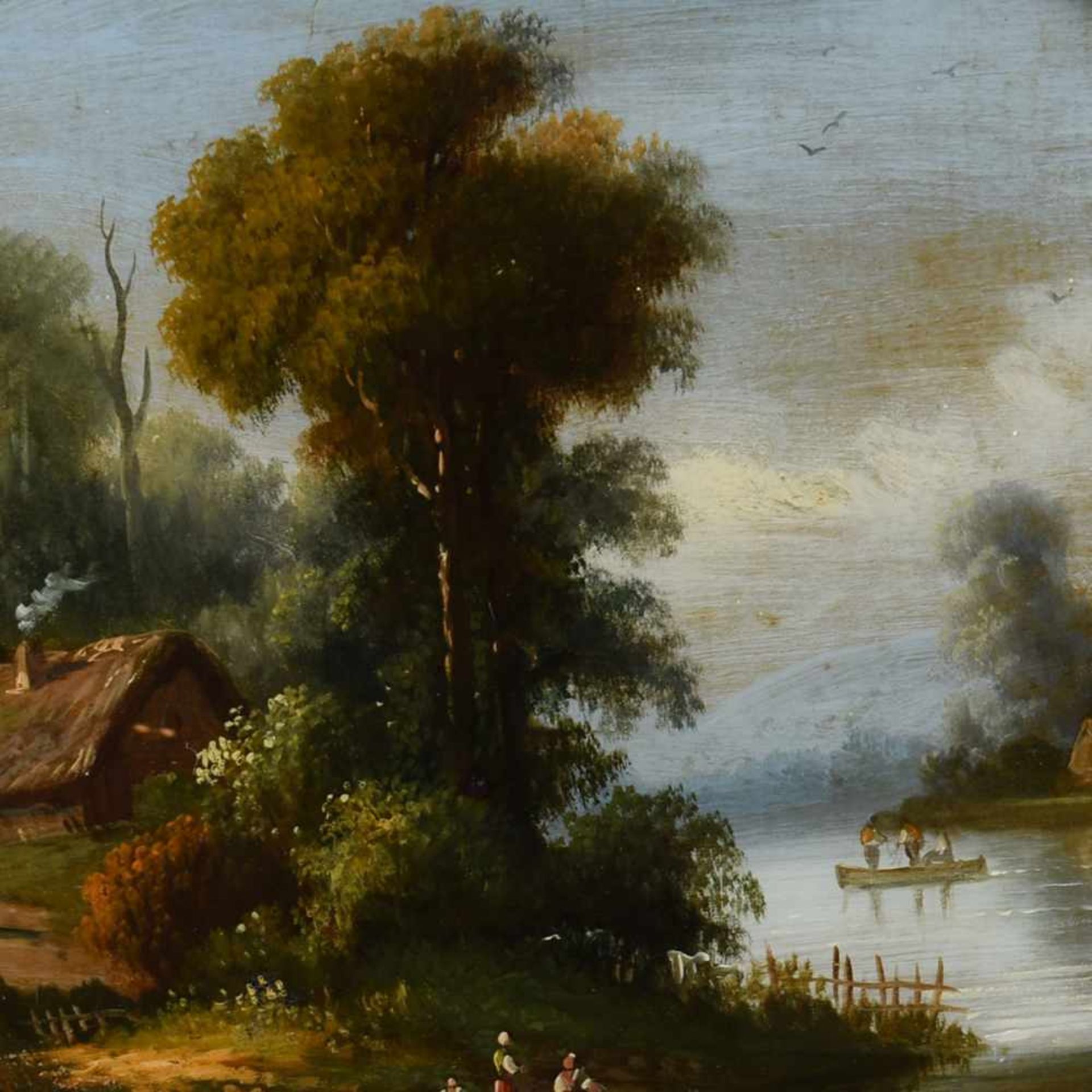 Hinterglasmalerei Darstellung einer romantischen Flusslandschaft mit Architektur- und