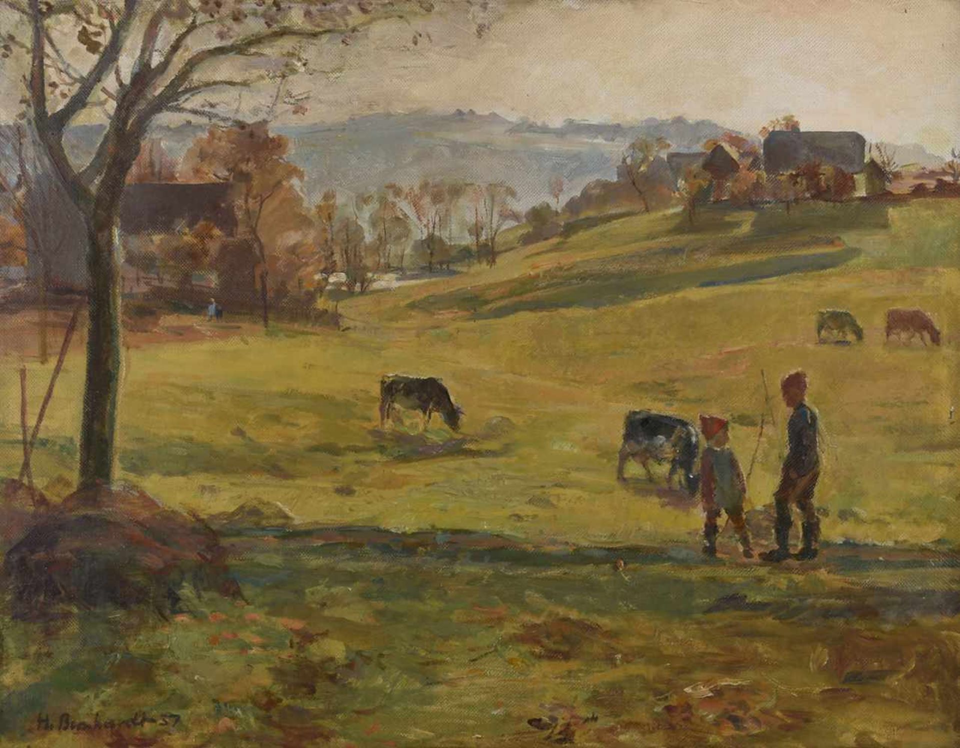 Bernhardt, Helmut (1905 Berlin - war tätig in Chemnitz) Öl/Malpappe, Landschaft mit Kindern als - Bild 2 aus 3