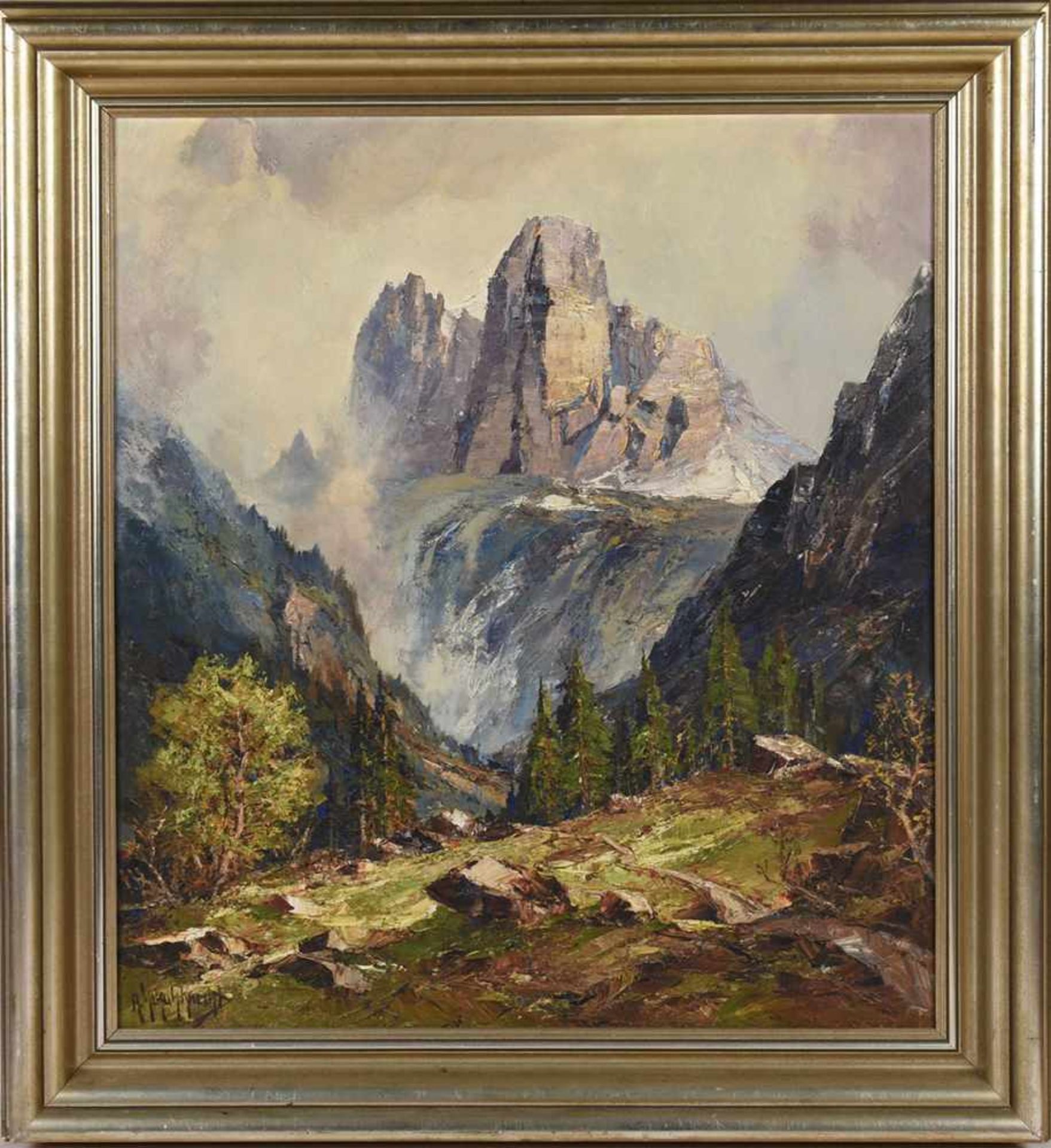 Schuhknecht, Adolf (1889 Reichenbach -1963 Rotenburg) Öl/Lwd., "Im Riengtal (Drei Zinnen, - Bild 3 aus 4