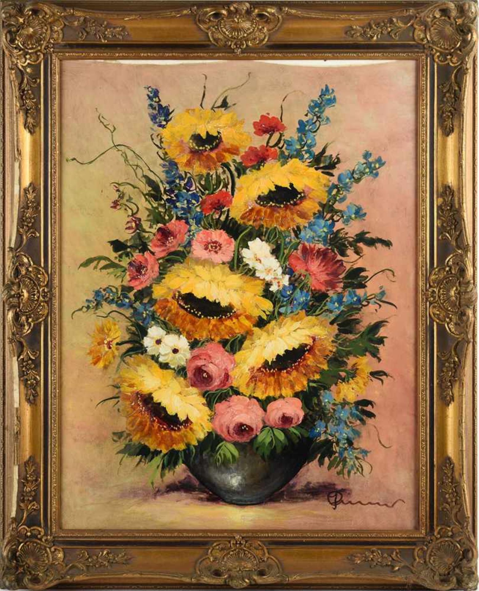 Donner, O. Öl/Lwd., Blumenstillleben, rechts unten signiert, Rahmen besch., ca. 65 x 50 cm, mit - Bild 3 aus 4