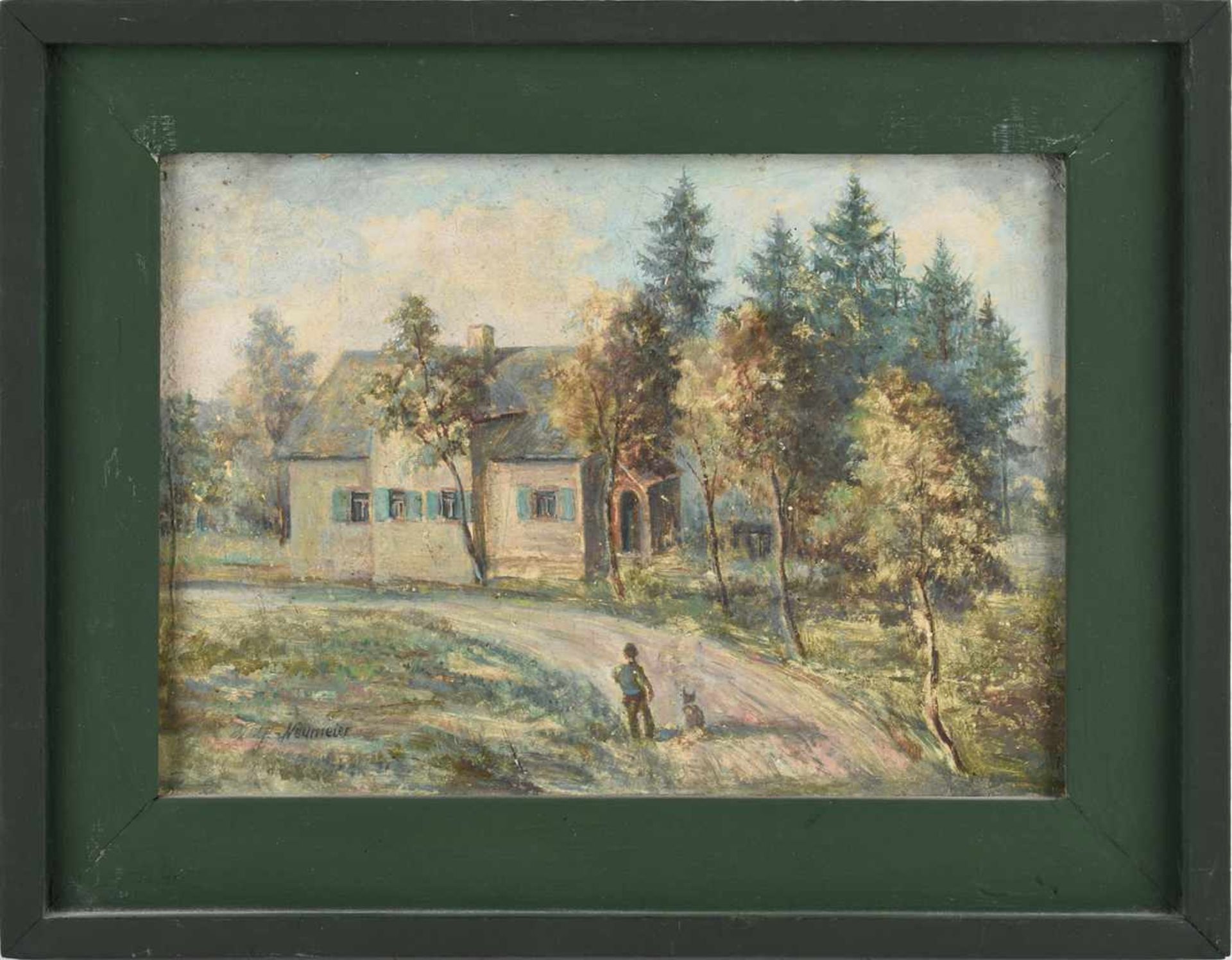 Neumeier, Wilhelm (1893 München - ?) Öl/Hartfaser, Landschaft mit Haus und Person auf dem Zuwege, - Bild 3 aus 4