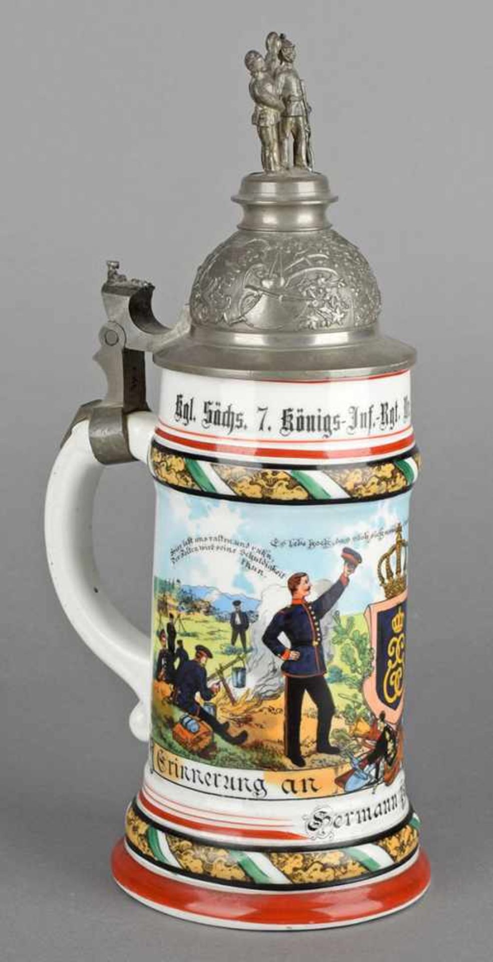 Reservistenkrug Infanterie Sachsen 1901/1903 walzenförmiger Korpus mit Bodenbild, - Bild 3 aus 6